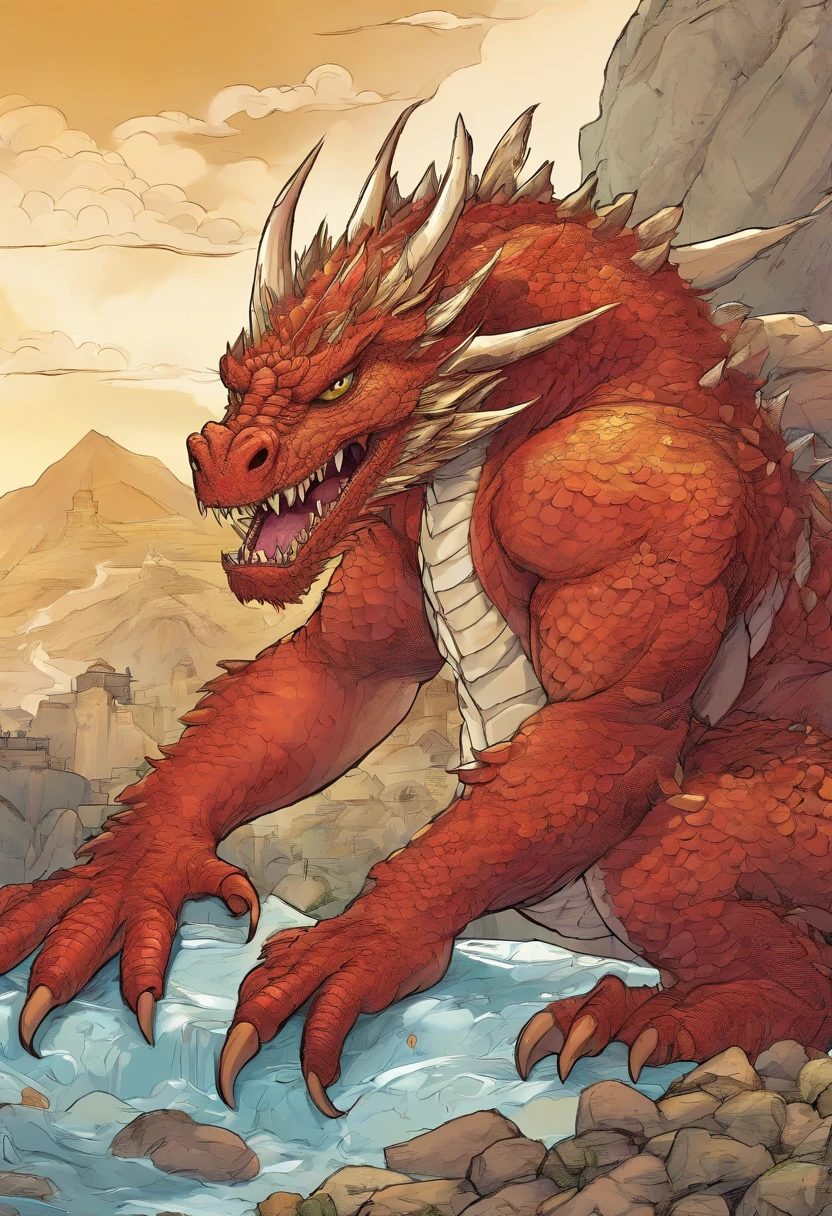 Super huge super-obese red giant dragon
Super huge soft light yellow belly with a large amount of subcutaneous fat stored
Lying on his back in a dark cave full of gold and silver treasures
Digital Art