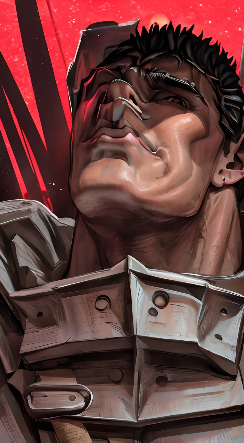 Guts from Berserk looking up at the sky while it's raining with sad expression