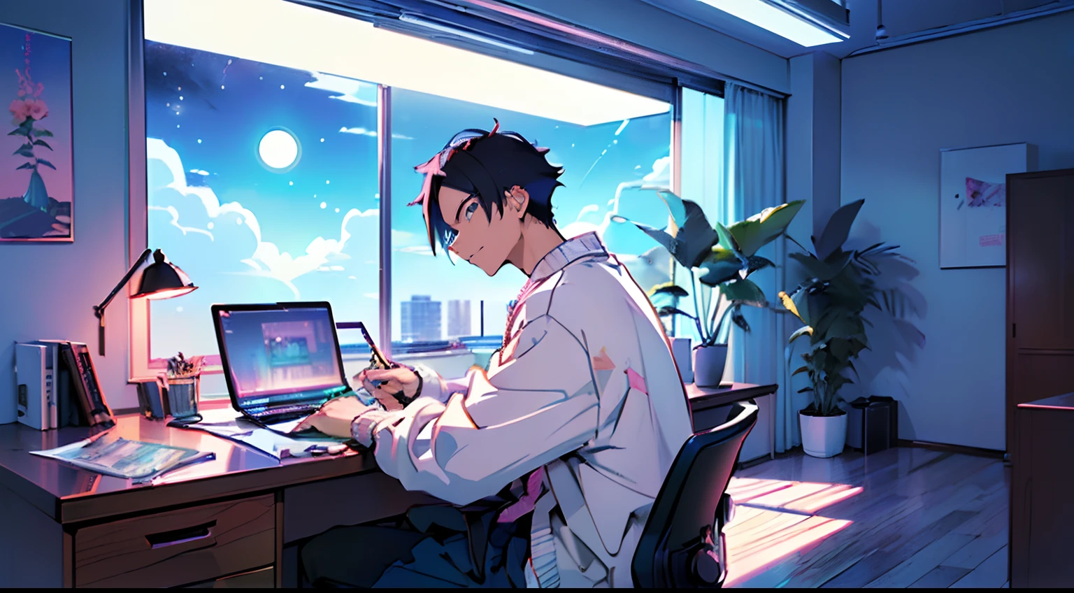 (masutepiece:1.5, Best Quality:1.5), ((Vaporwave Style, partially coloring)),In a cozy apartment, Boy studying alone diligently at desk,dim room,Stylish warm lighting, Coffee on the desk,I can see the moon from the window,Room decorated with plants,sleek design,The face is not clear