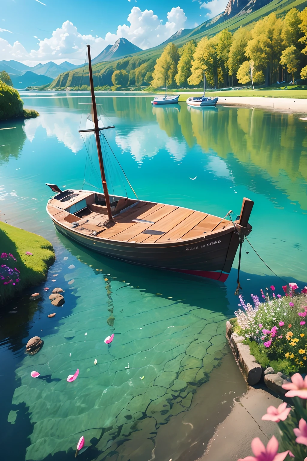 lagoon, beautiful, crystal clear water, boat sailing, fish, green grass, flowers, vibrant colors, high resolution