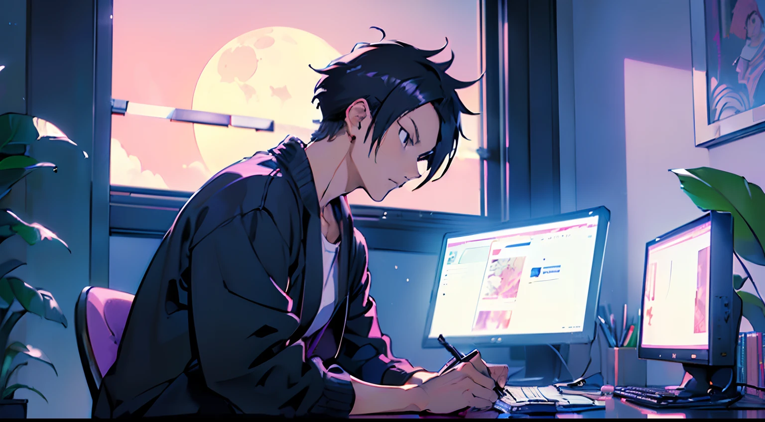 (masutepiece:1.5, Best Quality:1.5), ((Vaporwave Style, partially coloring)),In a cozy apartment, Boy studying alone diligently at desk,dim room,Stylish warm lighting, Coffee on the desk,I can see the moon from the window,Room decorated with plants,sleek design,The face is not clear