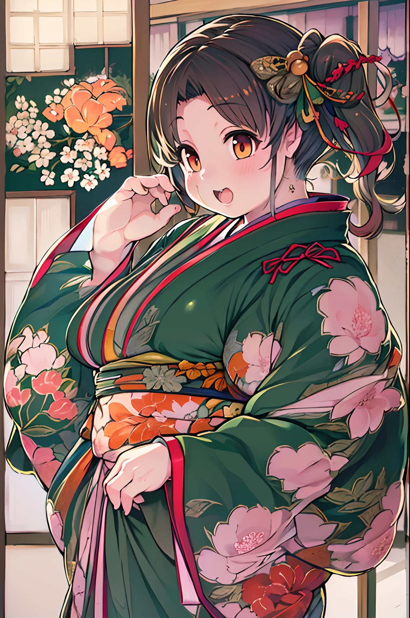 (8K, Best Quality, masutepiece, Ultra high definition: 1.2),Kimono,traditional Japanese room,Hakama,fullllbody、huge-breasted、bbw、BBW、Anime style、Chubby