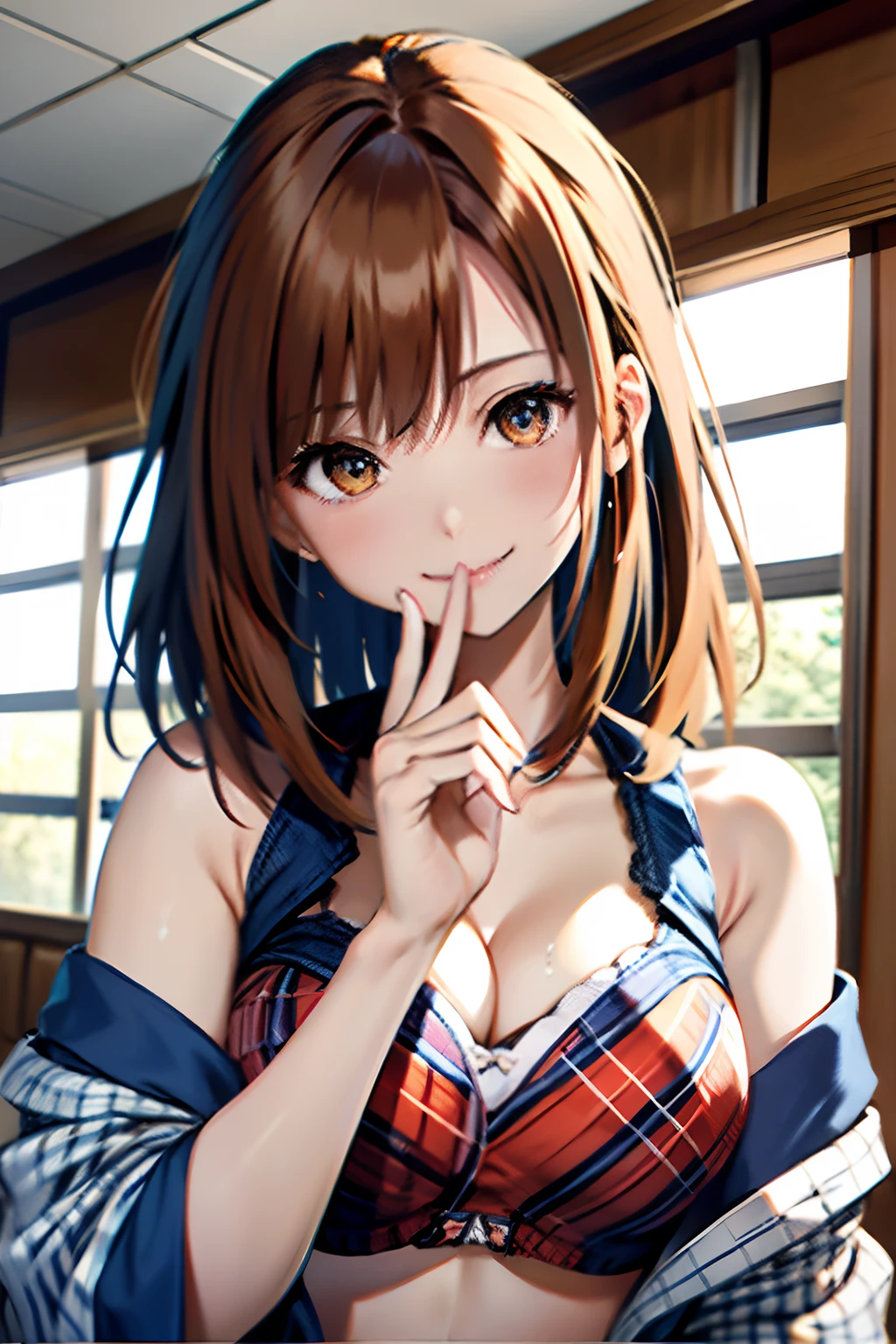 The upper part of the body、an oil painting、masterpiece、top-quality、hight resolution、Orange long hair、Orange long hair、Naughty look、cleavage of the breast、Blue swimsuit、(((White and blue plaid bra)))、(((White and blue gingham plaid)))、The upper part of the body、Female face、great laughter、Mouth open、sweat-wet skin、The background is all white、side poneyTail、((Side tail hair))、Stand your index finger in front of your face、Mischievous smile、Plotting look
