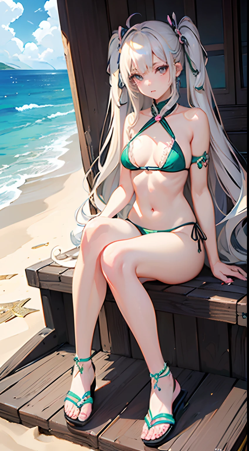 ((Best Quality)), (ultra-detailliert), ((Extremely detailed)), (Beautiful), ((Kawaii Girl)),(two side up hair)、((masutepiece)),Platinum Blonde Hair,Long hair, hair between eye, Wavy Hair, Long sideburns,Jade-colored eyes, White skin,Normal Chest,Slender body,side-tie bikini bottom、Sandals,in beach,One Woman,Anime