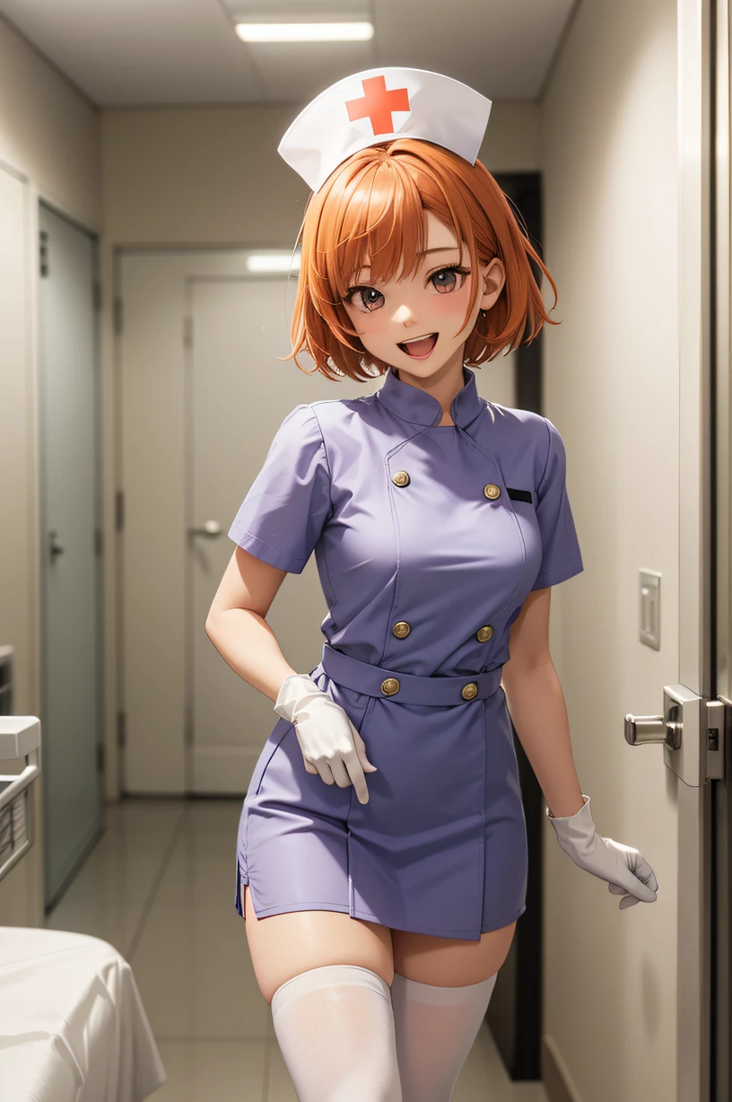 1girl, solo, nurse, nurse cap, white wear, ((white legwear, zettai ryouiki)), white gloves, very short hair, orange hair, smile, open mouth, standing, ((hospital room)), sharp outline, short sleeves, tomboy, boyish, best quality, masterpiece