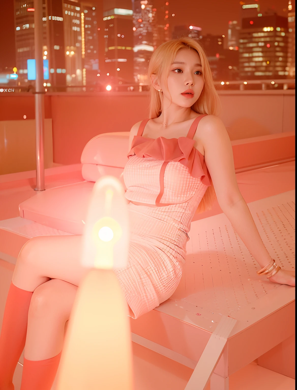 Blonde woman posing for photo in clothes in city, on rooftop tokyo night, taken with canon eos 5 d mark iv, taken with canon eos 5 d, taken with a canon eos 5d, taken with a canon eos 5 d, Shot on a Canon EOS R5, shot on canon eos r 5, shot in canon 50mm f/1.2,Soft portrait shot 8 K, bae suzy, Choi Hyun-hwa, close-up portrait film still, iu lee ji-eun as a super villain, close - up portrait shot, chiho, mid shot portrait, a close up portrait photo, lofi portrait, portrait soft low light,good eyes,Good nose,