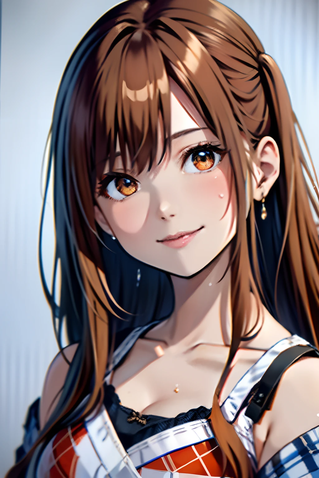 The upper part of the body、an oil painting、​masterpiece、Ink painting style、top-quality、hight resolution、Orange long hair、Orange long hair、Naughty look、(((White and blue plaid bra)))、(((White and blue gingham plaid)))、The upper part of the body、Female face、a smile、Gentle expression、sweat-wet skin、The background is all white、side poneyTail、((Side tail hair))