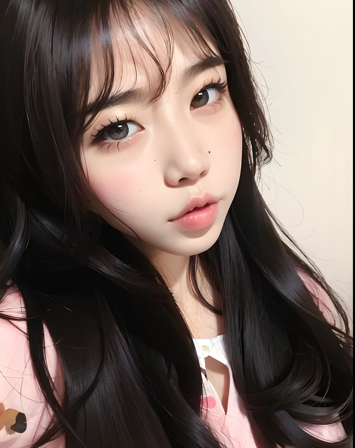 um close up de uma mulher com longos cabelos pretos e uma camisa rosa, Ulzzang, wan adorable korean face, young adorable korean face, young cute wan asian face, menina coreana, menina bonito-fino-cara, ela tem um rosto bonito, korean face features, com bonito - fino - rosto, ela tem um rosto expressivo bonito, Jinyoung Canela, She's pouting