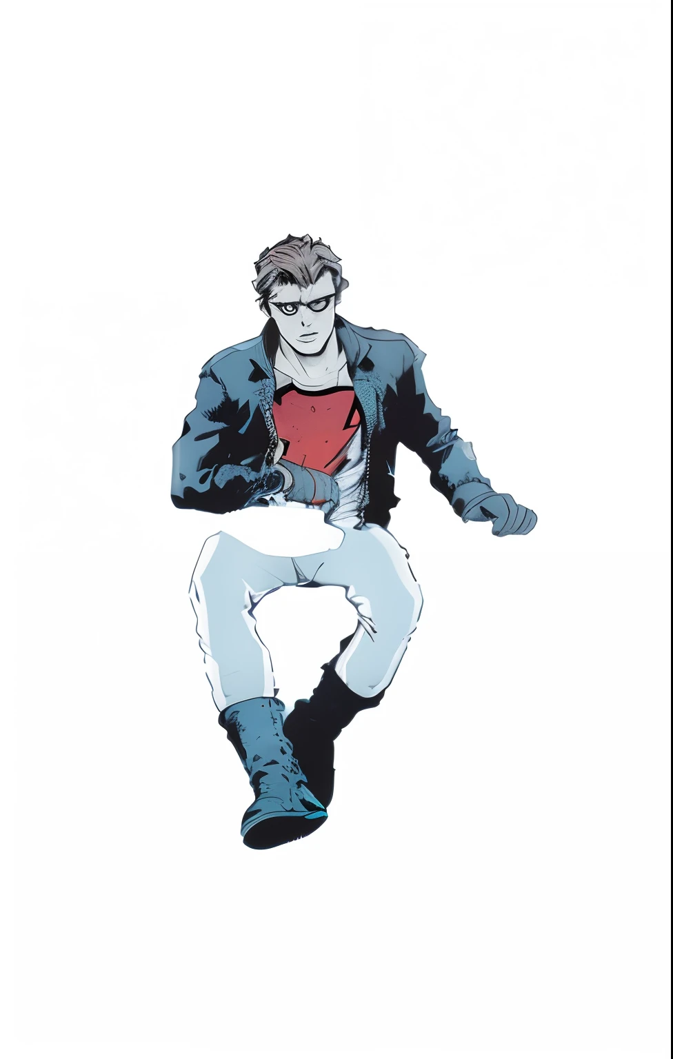 A closeup of a person in a jacket and jeans sitting on a chair with his arm resting on his leg, Quadrinhos Valentes, Paulo Papa, valente, Estilo Frank Miller, sem texto, no estilo travis charest, superhero from the boys tv show, quicksilver, franco e bem., homelander dos meninos, Penhasco Chiang, Directed by: Eddie Campbell, Directed by: Allen Jones, 2D, 2 d, Estilo Travis Charest