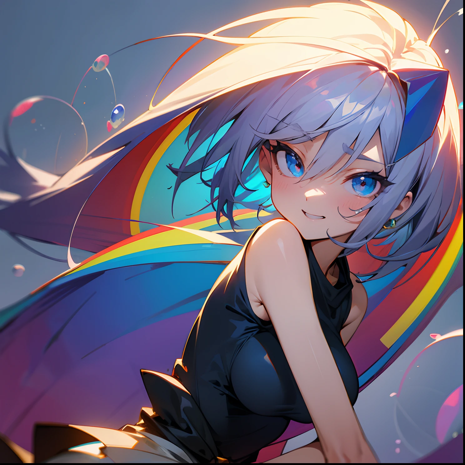 Dark Magician Girl、MKSKS style、独奏、(highly detailed back ground:1.0)、(highly detailed back ground:1.0)、masterpiece、top-quality、超A high resolution、in 8K、BREAK、(Silver and golden hair)、BREAK、Detailed clothing、Pale red tank top、Detailed skin、glowy skin、A detailed eye、Blue eyes、looking in camera、Burning cheeks、Laugh、Large breasts、BREAK、(Soap bubbles:1.2、rainbows、White background)、Daytime、dynamic ungle