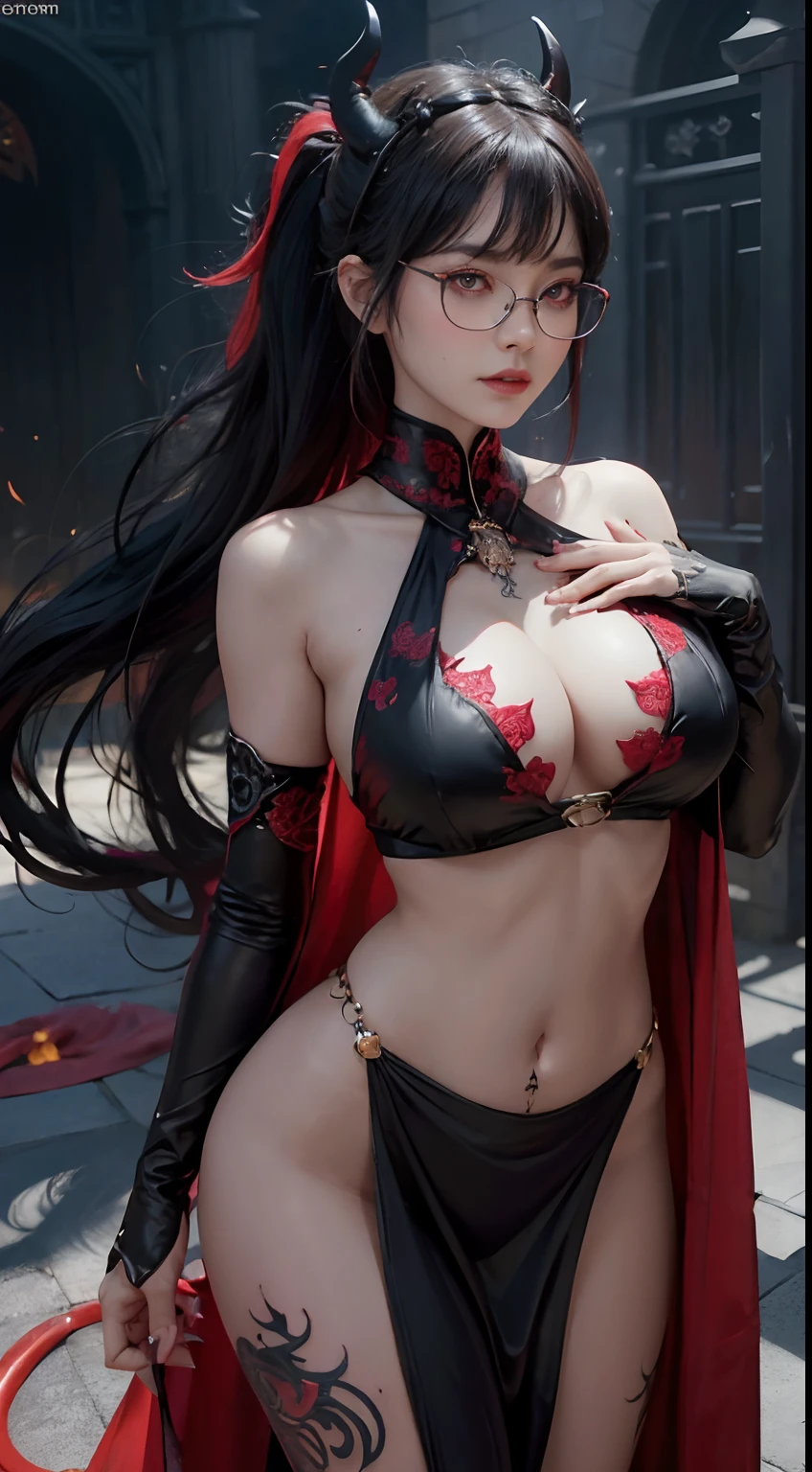 Fine、(The best illustrations)、8k UHD resolution、intricate-detail、top-quality、realisitic、ultra-detailliert、The best lighting、Best Shadows、Soft lighting、Ulutra HD、1 beautiful devil woman from hell, surreal female portraits by David Hockney and Alphonse Mucha, Fantasy Art, Chinese Doll、Dungeon and Dragon、Devil's Palace、Devil's Torture Chamber、magia、 A Necromancer、natta、Dark style、Succubus、Devil's Daughter、Bat Wings，(((Demon Horns)))、 ((((Huge glasses, Otaku Glasses, thick glasses, Round glasses)))),、(((Colossal tits)))、(Devil's Tail)、(red eyes glowing:1.6)、 intricate tattoos, demonic intricate tattoos, thigh tattoos, body tattoos, ​masterpiece、beautiful countenance、a baby face、Muscular seductive body、The enchanting body of the devil、Seductive Black Magic Costume、A shiny red snake is wrapped around her hand、Tindall Effect、photos realistic、(High Detail Skins:1.2)、 (Intricate details, makeup, pureerosface_v1:0.5), (Detailed beautiful delicate face, Detailed beautiful delicate eyes, A perfectly proportioned face, High detailed skin, Detailed skin, best ratio four finger and one thumb, arms below breasts, Tattoo with a red glow under the stomach、Awesome awesome, wide hips, smooth midriff, skiny and thin, __Fashion__, __hair__:1.25)、Digital SLR、hightquality、a picture、hight resolution、 absurderes、Ponytail distortion、女の子1人、Red sparkling gemstone necklace、jewely、Beautiful expression、Body Up、Large breasts emphasis、Toned waist、Wide buttocks、Devil's Tail、intricate tattoos, demonic intricate tattoos, thigh tattoos, body tattoos, effect、Photorealsitic、(High Detail Skins:1.2)、In the Dark, lowkey, cowboy lens, (Black Phoenix Dress: 1.0), Seductive Black Magic Costume、Long hair, Black hair, Bust, Devil's Palace, devil crown, red eyes make up very sharp and detailed, The most beautiful face, Super tight breasts, Breast augmentation surgery, The breasts are very big and round and round, Black magic costume、Super realistic , Charming smile,a baby face、 The eyes are very well made up, ((Red Eye:1.0)), guw