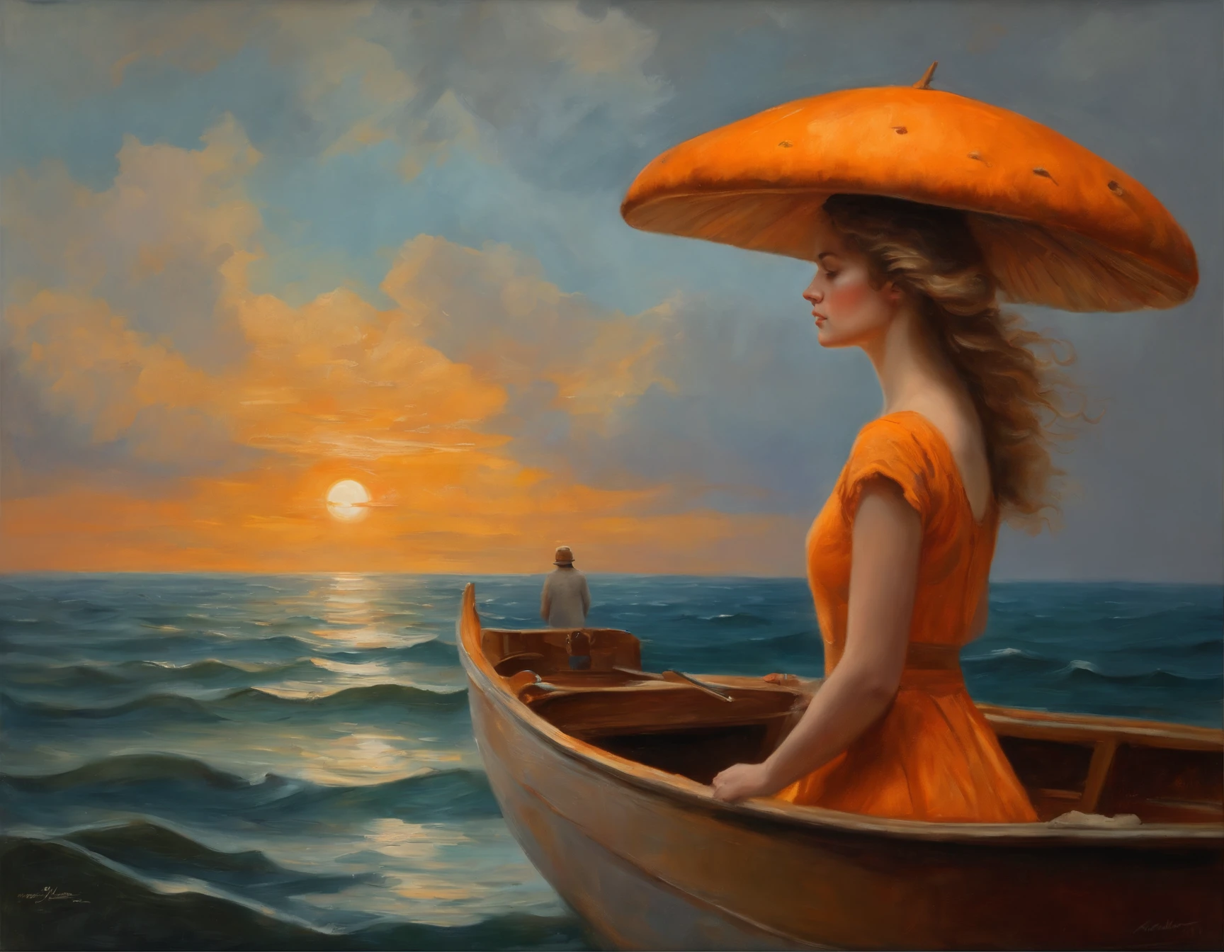 orange ocean, small wave, boat, girl on boat, oal, standing, profile, very wide view, (best quality, master piece), break, (Impressionists, oilpainting:1.3),(mushroom on head:1.2),