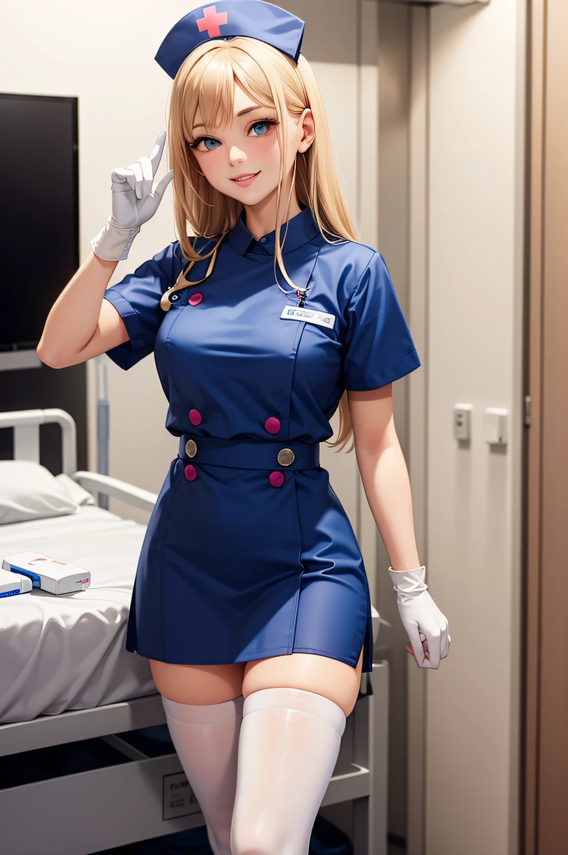 ((Best quality, 8k, Masterpiece: 1.3)), Highly detailed face and skin texture, Detailed eyes, textured skin, highres, nurse, hospital, smile, blue eyes, blonde, (syringe), (crazy, yandere), cowboy shot (top-quality), (ultra-detailliert), (masuter piece), (hight resolution), (Original),