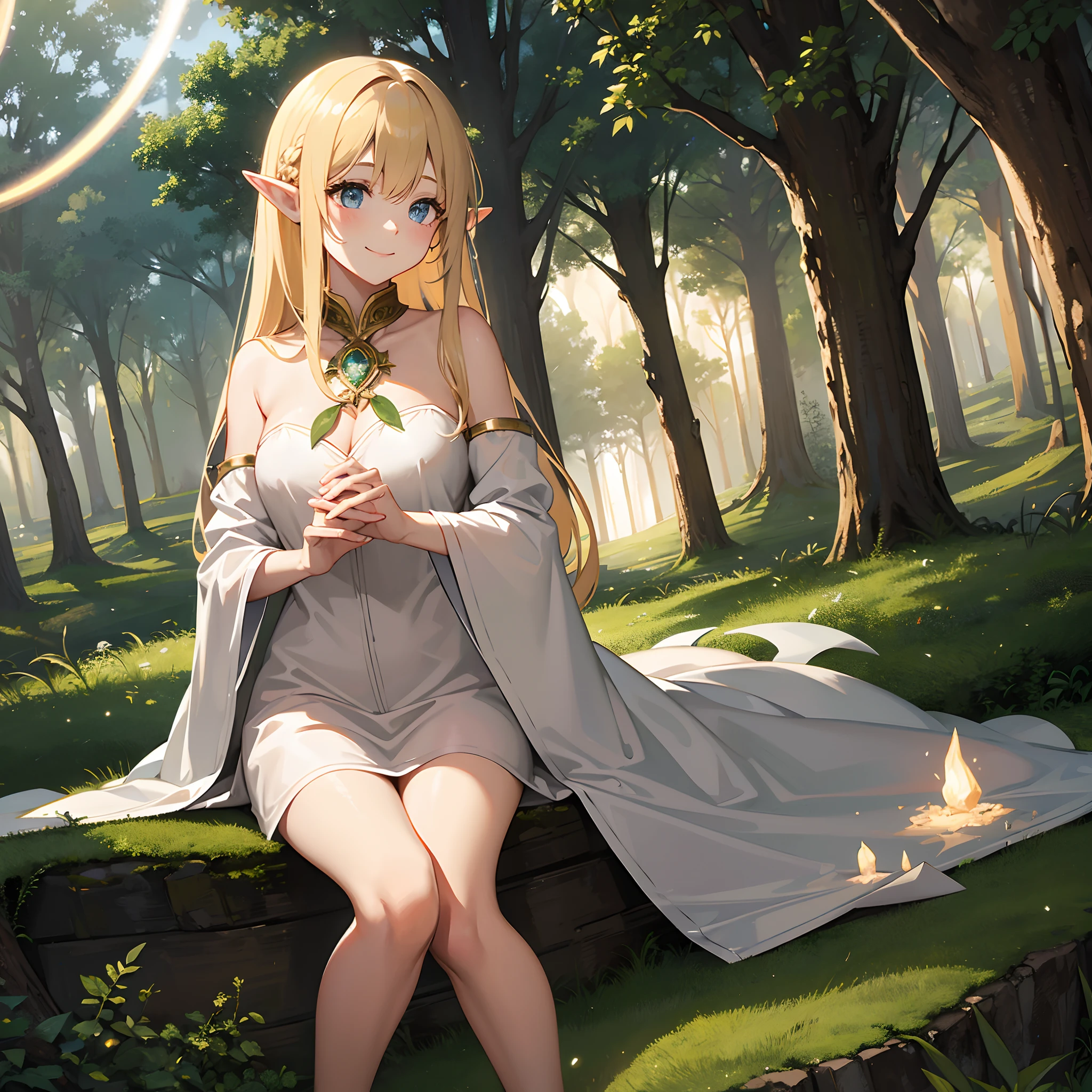 Mysterious light in the forest、　Fantastical　Mystical　Gentle　　Beautiful Elves　magia　mid night　Warm light　A smile　One person on the screen　robe blanche　a blond　tiarra