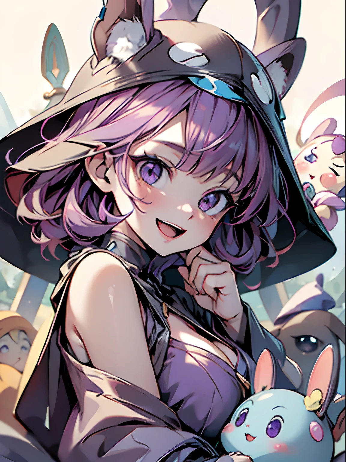 best qualtiy、1girl in、Baby face、Smile with open mouth、cute little、kawaii eyes、roundly eyes、big eye、Sauce order、a purple eye、Rabbit ears、Yellow Wizard Clothes、Colossal tits、cleavage of the breast、Wizard Hat、The wizard's big wand、micromini skirt、teak、Perched、