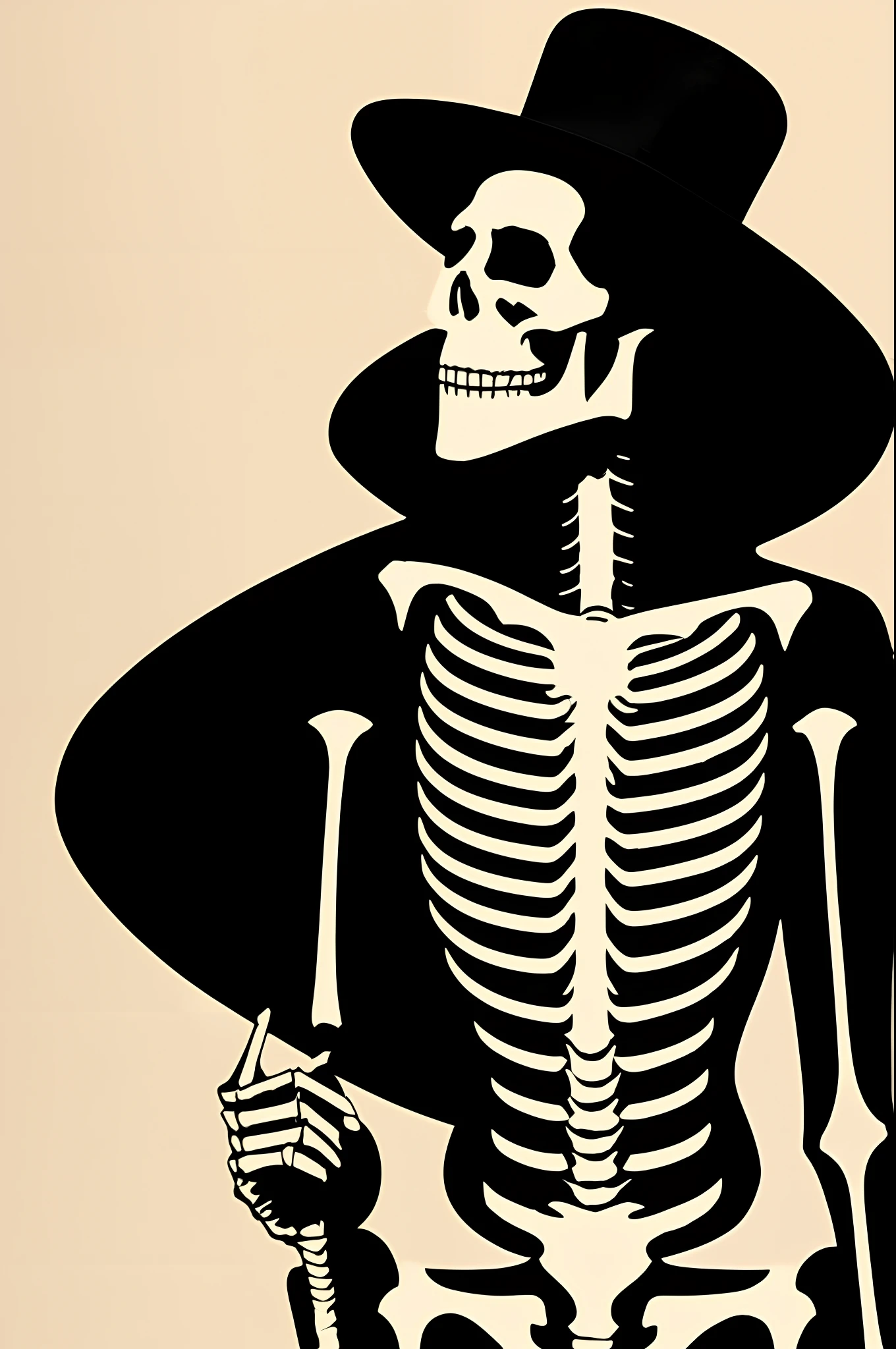 Skeleton smoking a cigarette wearing a big rimmed black hat