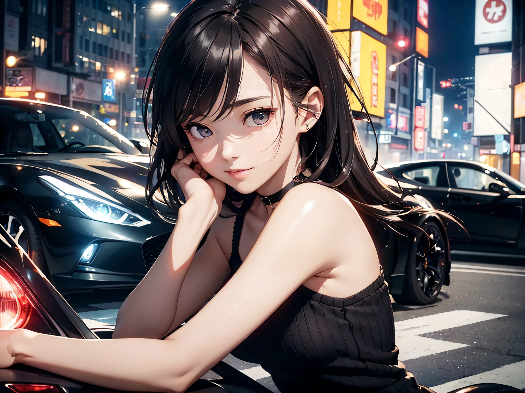 (offcial art、Best quality、Unity 8k Wallpapers、32K、tmasterpiece、ultra - detailed、超A high resolution、hentail realism、Photorealsitic:1.2)、(Cinematic lighting:1.2)、fire glow effect、Film grains、Best shadows、rim lit、side lights、sideshot、(Ultra-detailed and complex 3D rendering)、Detailed beautiful face and eyes、slenderness、Medium bust、(full bodyesbian:1.2)、 highly detailed back ground、beauitful face、blurred back、16-year-old beautiful girl、(Super detailed skin、detailed skin textures:1.3)、Chestnut bristles、with brown eye、Hip hop cable、cropped shoulders、jumper skirt、Black stockings、(thighs thighs thighs thighs:0.8)、Knitted sandals、City at night、gently smiling、choker necklace、dynamicposes、(Red sports car on female background、A sports car illuminated by headlights:1.2)