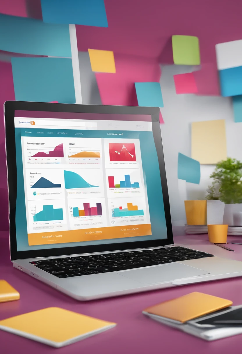 Create an image where we have icons referring to sales and success sticking out of a laptop screen, deve ser colorido, impactante e voltado ao mercado de empresas