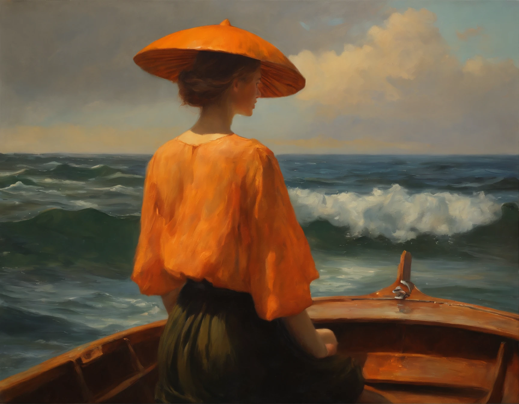 orange ocean, small wave, boat, girl on boat, oal, standing, profile, very wide view, (best quality, master piece), break, (Impressionists, oilpainting:1.3),(mushroom on head:1.2),(onigashima:1.2),