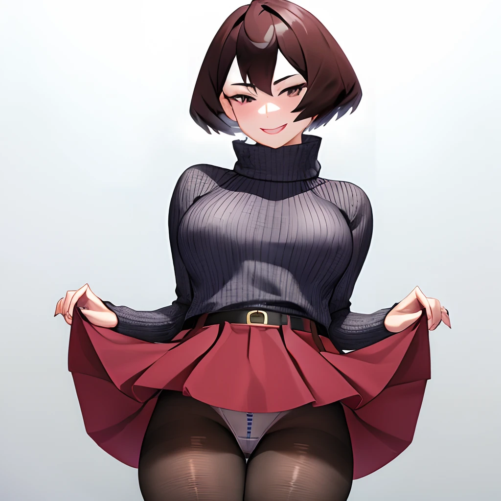 Mandalay, 1girl in, Solo, Looking at Viewer, Smile, Short hair, Skirt,  Simple background, Brown hair, Long sleeves, White background, hair between eye, Brown eyes, pantyhose, Cowboy Shot, Belt bag, Sweaters, Black pantyhose, turtle neck, , Ribbed sweater, Turtleneck sweater, ((lift skirt myself))、Knitted dresses、((Show underwear))