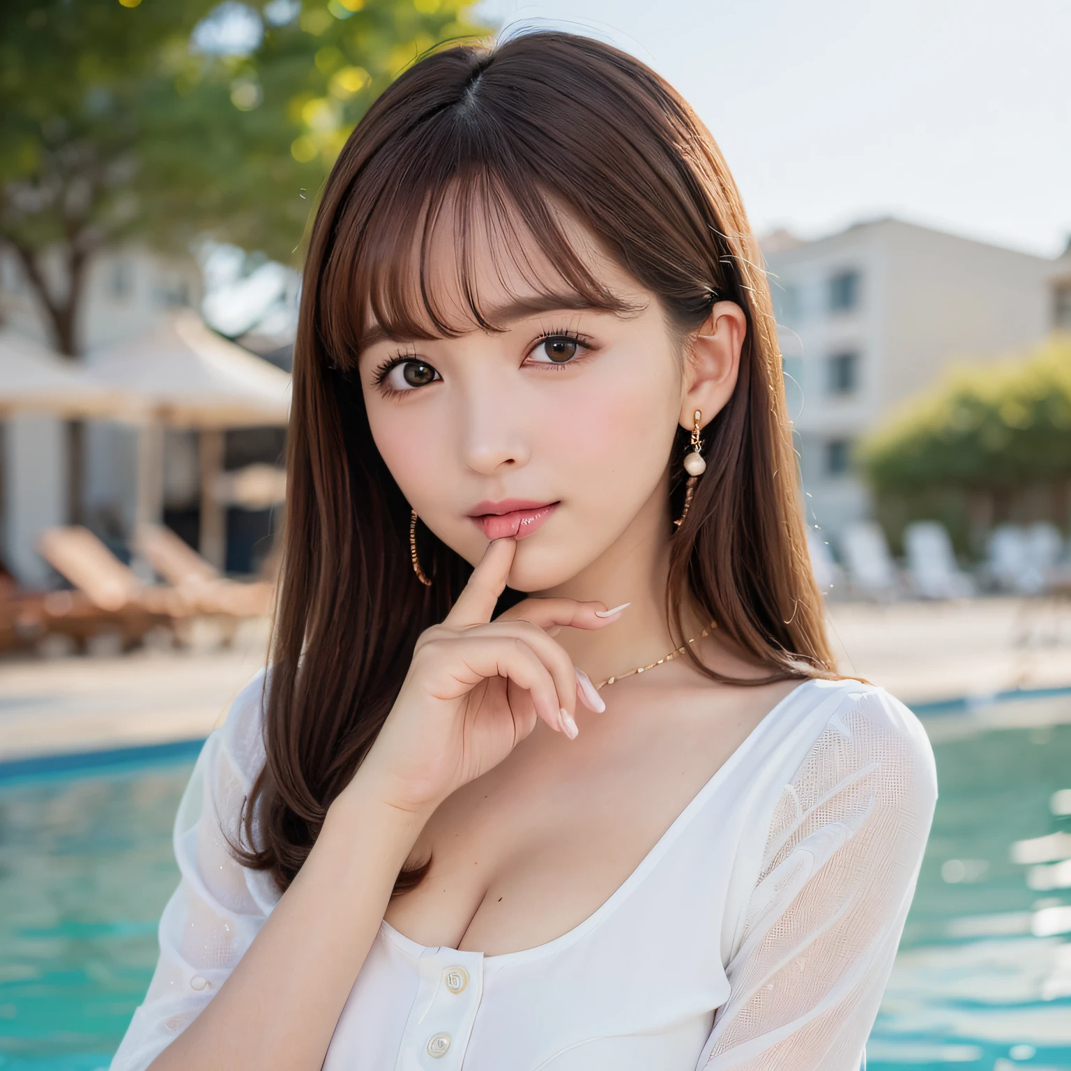 pureerosface_v1, top-quality, Photorealsitic, 8K, hight resolution, 2People Girls, femele, (Skindentation), (portlate:0.6), a gorgeous, dynamicposes, ((poolsidebackground:1.6)), coconut tree, ((Medium Size Round Breast, White blouse:1.4)), straight look at viewer:1.8, (1 Girl's eyes looking at the viewer, medium lenght hair, brown haired, Putted Bangs:1.65), (bokeh dof), (Keep your mouth shut:1.46),a necklace、 Twintail hairstyles,Blue eyes、