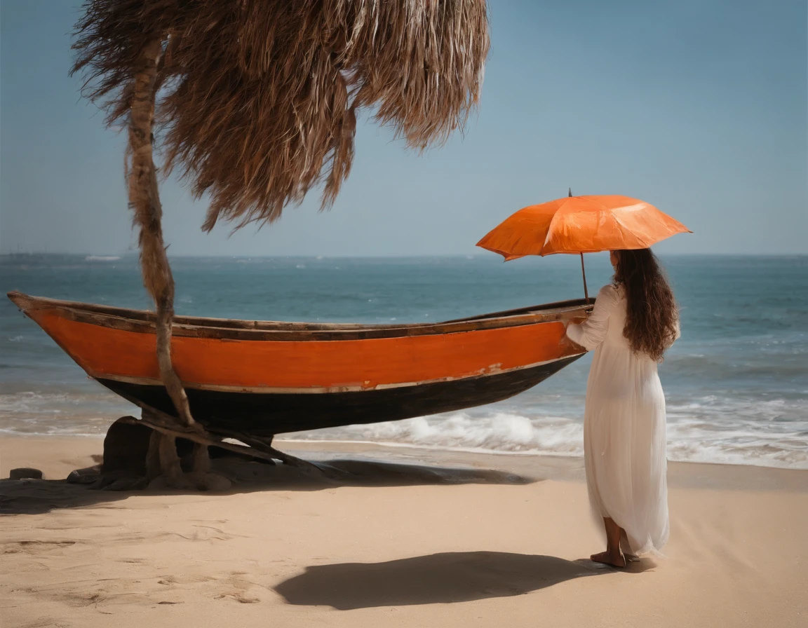 orange ocean, small wave, boat, girl on boat, oal, standing, profile, very wide view, (best quality, master piece), break, (Impressionists, oilpainting:1.3),(mushroom on head:1.2),(onigashima:1.2),