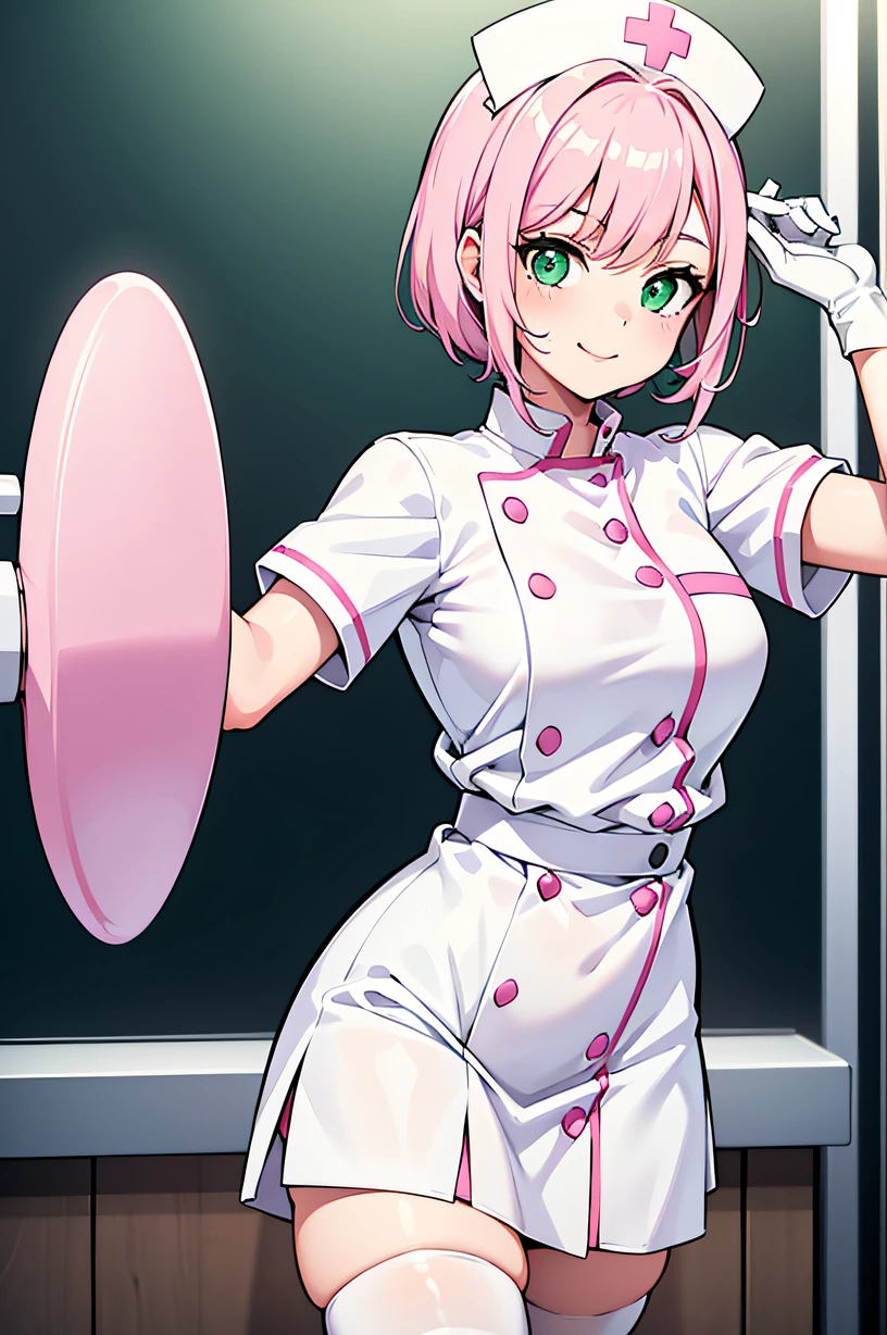 1girl, solo, nurse, white nurse cap, white nurse uniform, ((white legwear, zettai ryouiki)), white gloves, pink hair, green eyes, drooping eyes, smile, standing, ((hospital room)), sharp outline, short sleeves, best quality, masterpiece