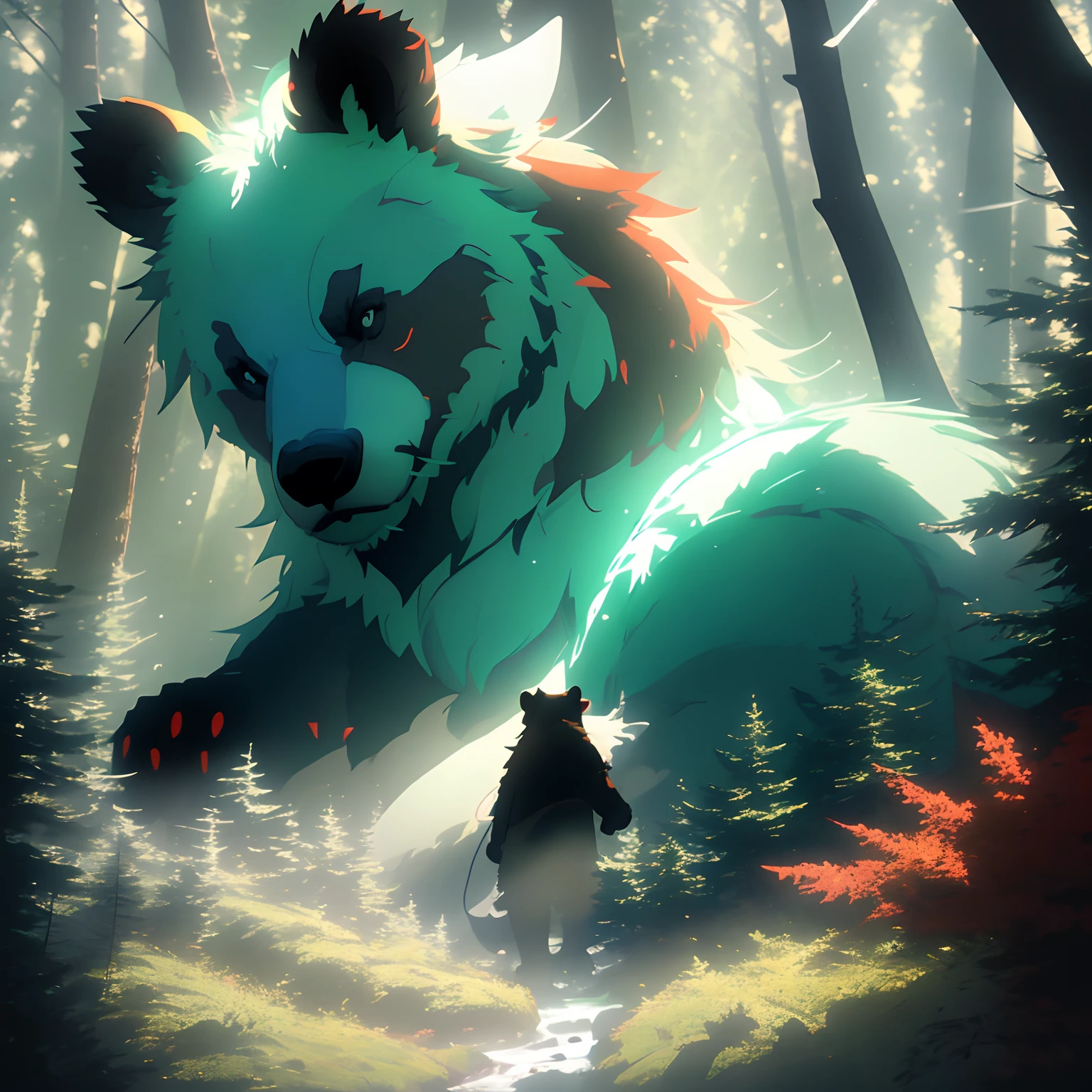 Picture a Bear walking in the forest, his body is a Canadian flag, Light magic,Fantastic background,Background of meaning,Absurd background,There are artistic overlays, Surrealism, cinematic lighting, ray tracing, god rays, speed lines, pov, UHD, masterpiece, best quality, super detail, highres, high quality