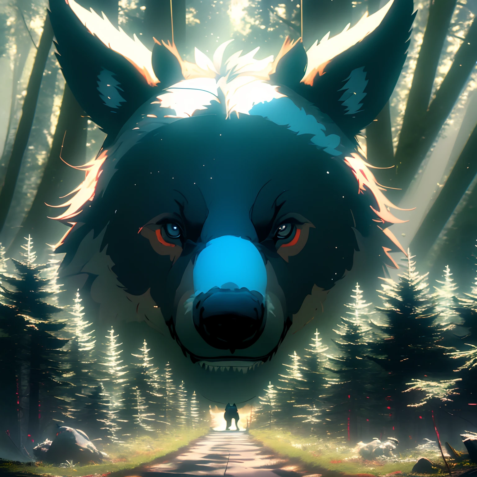 Picture a Bear walking in the forest, his body is a Canadian flag, Light magic，Fantastic background，Background of meaning，Absurd background，There are artistic overlays, Surrealism, cinematic lighting, ray tracing, god rays, speed lines, pov, UHD, masterpiece, best quality, super detail, highres, high quality