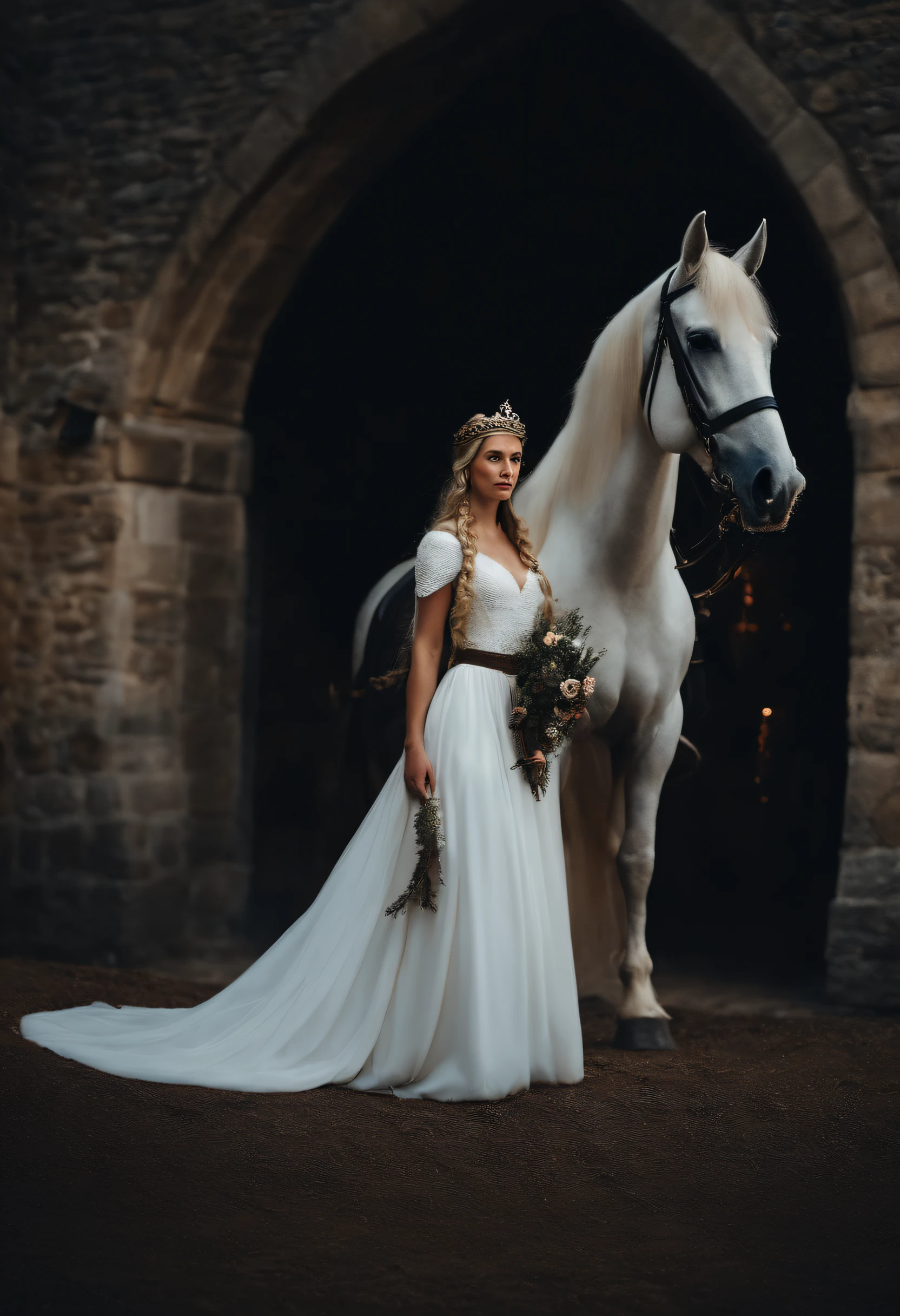 A white princess in a medieval style in a black horse, a castle behind