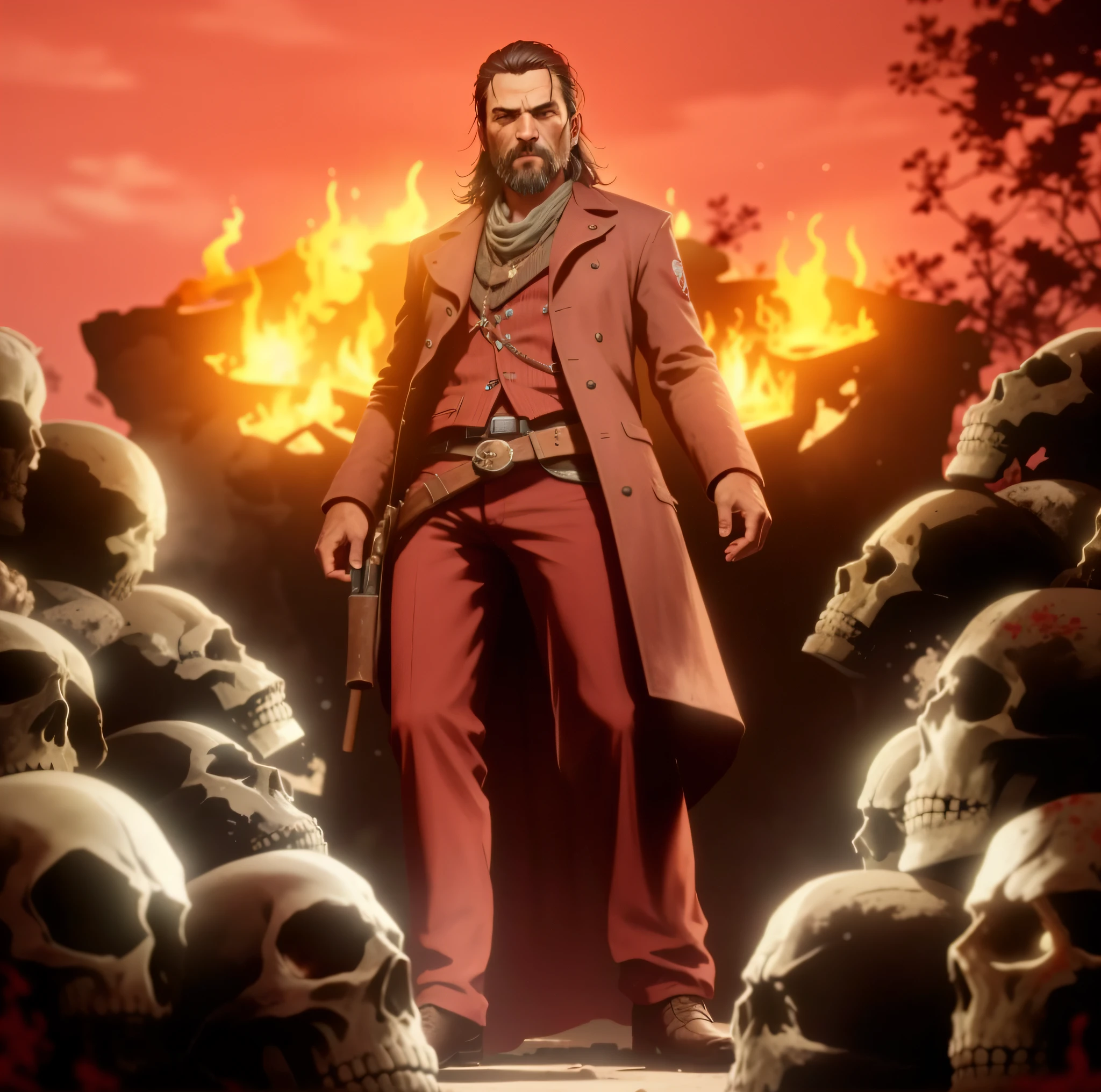 Image of a man standing in front of a mound of skulls, Em Red Dead Redemntion 2, [ mortos vermelhos ], Em Red Dead Redemption 2, red dead redemption 2, red dead redemption2, RDR 2 Mod |, Jessé McCree, red and cinematic lighting, cinematic red lighting, red dead redemption, badass composition, RDR2