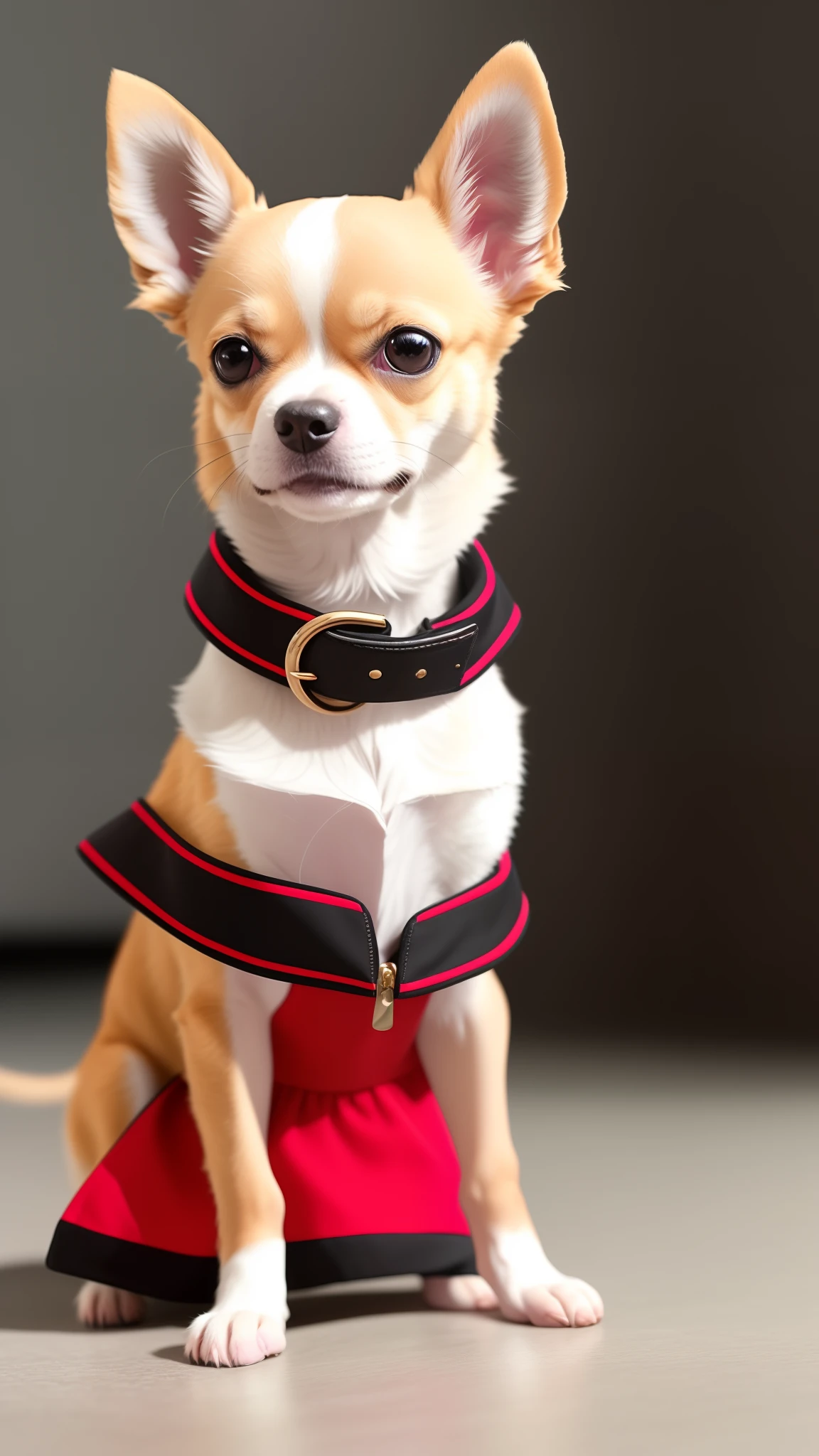 Anthropomorphic Chihuahua puppy dressed in brand fashion cute look。Such a dress not only reflects the fashion sense of Chihuahua puppies，Real Human，Realiy，Realistic real shooting，hentail realism，ultra-realistic realism，Super rich detail，super clear detail，ultra-wide-angle，rendering by octane，Epic lighting lights，16K，Ultra HD --v 4