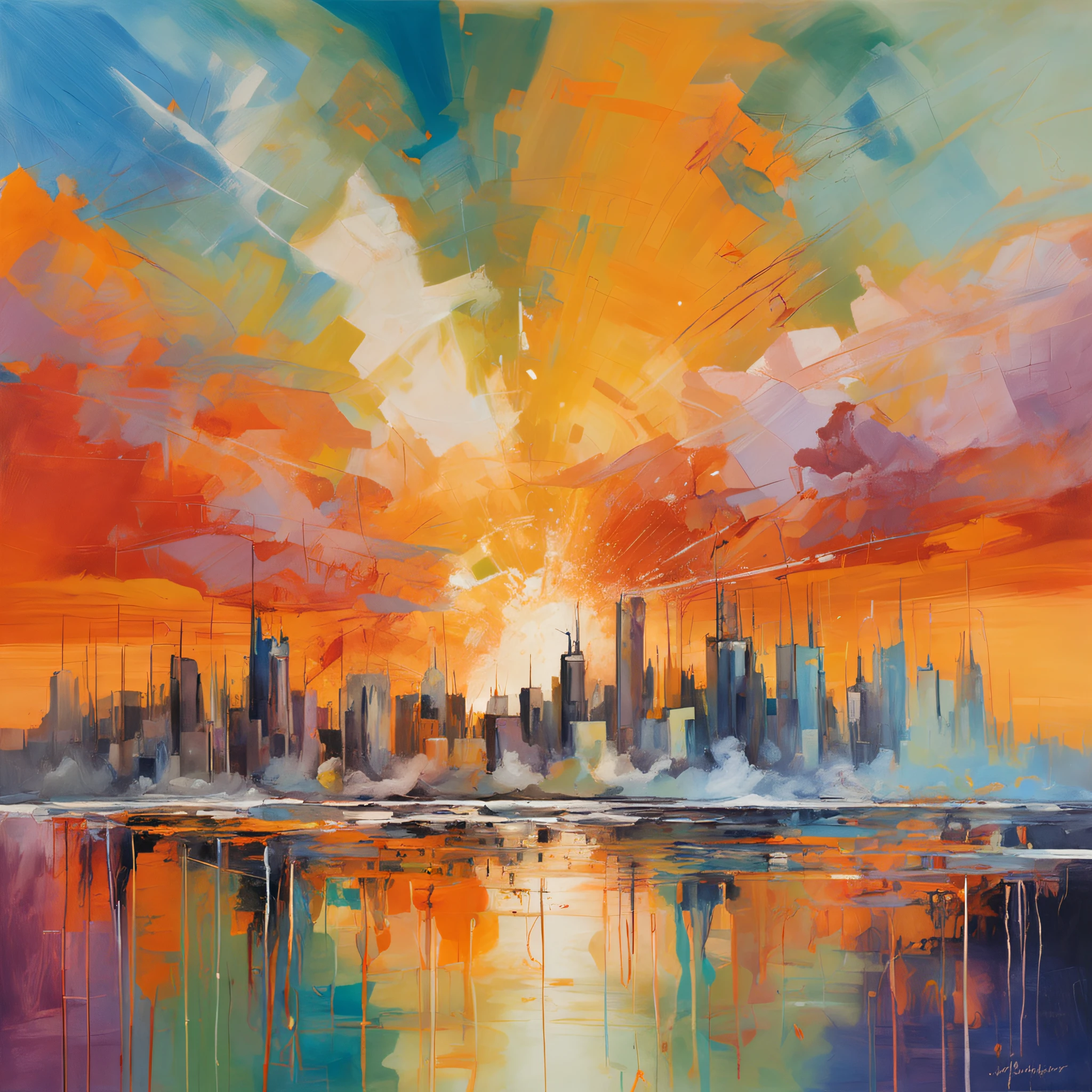 Intricate painting details of city skyline reflecting in the water of a bay in front by range murata, galaxy in background, Clouds, vivid colour, High contrast, Mountain, vector line art, orange highlights, trending in pixiv, anime concept art, Stick, Mattire, high high quality, Edge to edge, Sanskrit