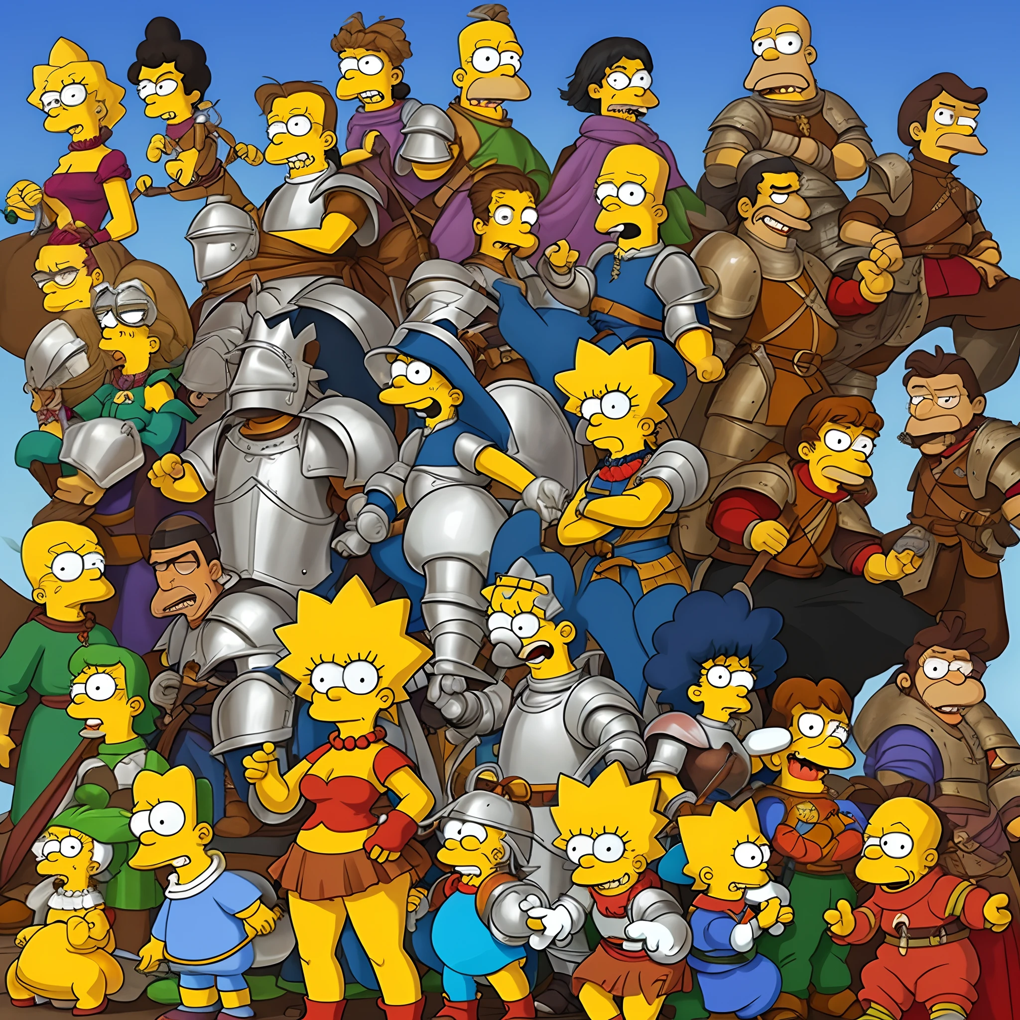 The characters of The Simpsons as if they were characters from a Disney animation in the medieval era wearing knights' armor
