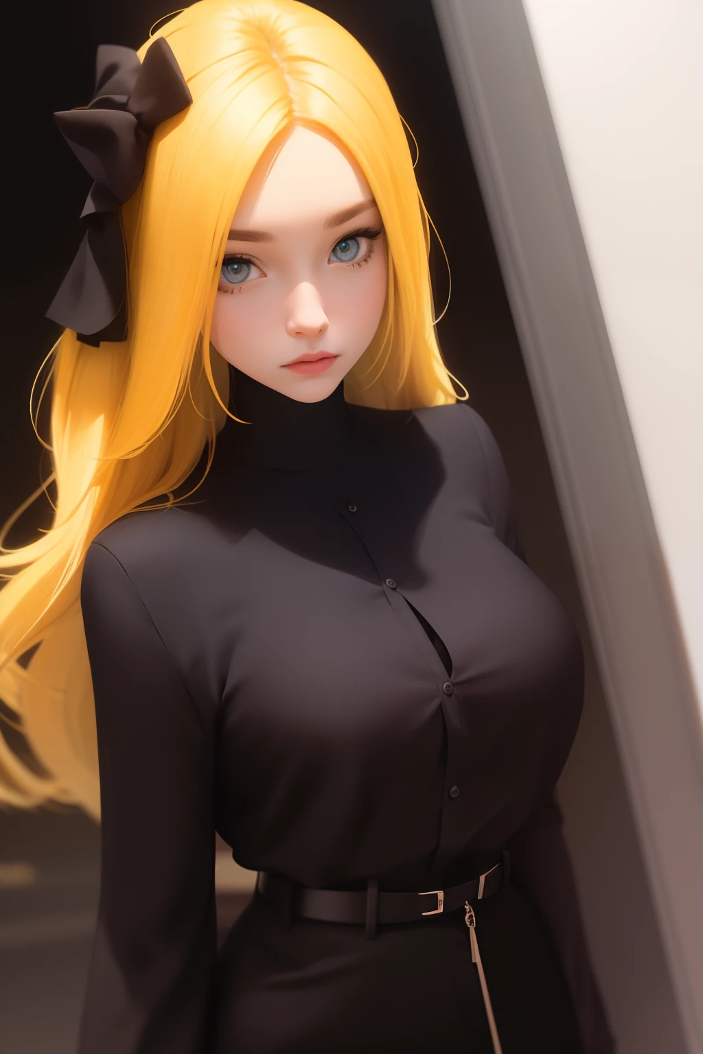 The girl has big yellow hair and blue eyes, wearing JK with black silk