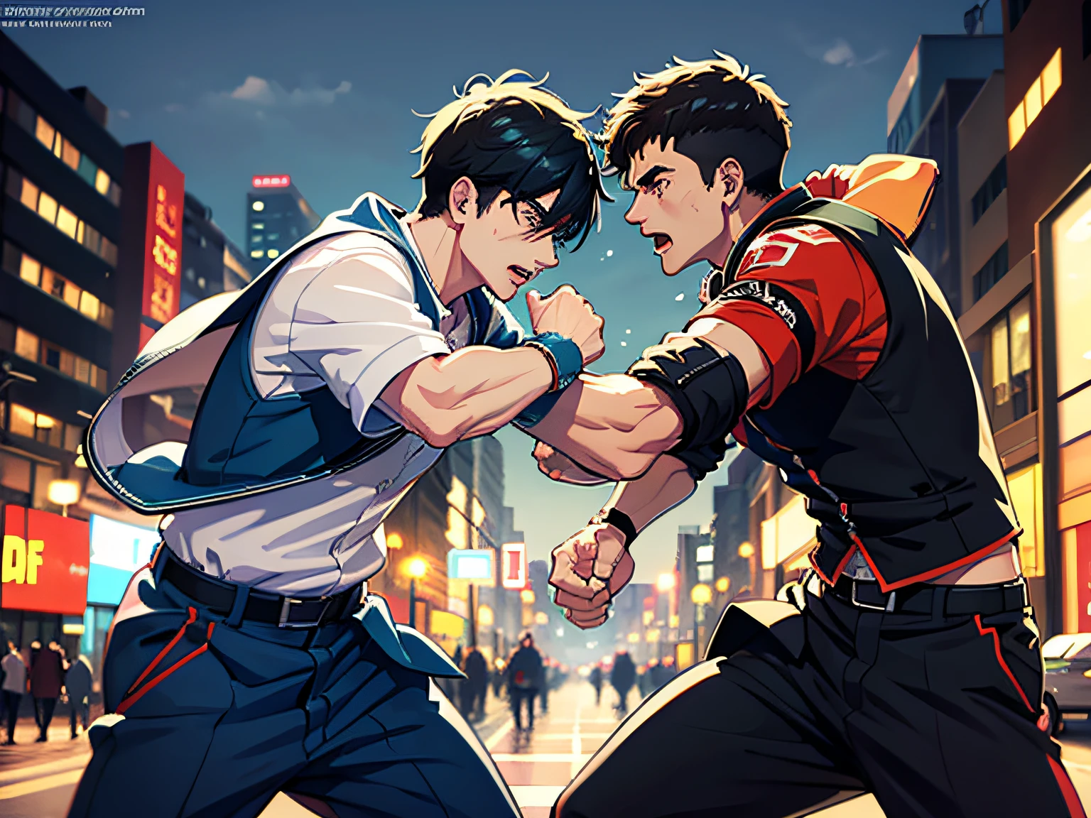 high-definition picture quality,Two men fighting in the street。