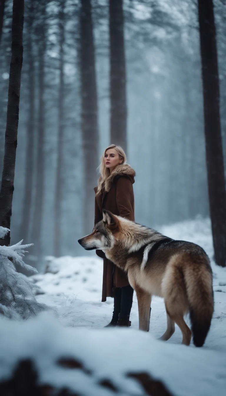 Blonde girl in the icy forest next to a big brown wolf.