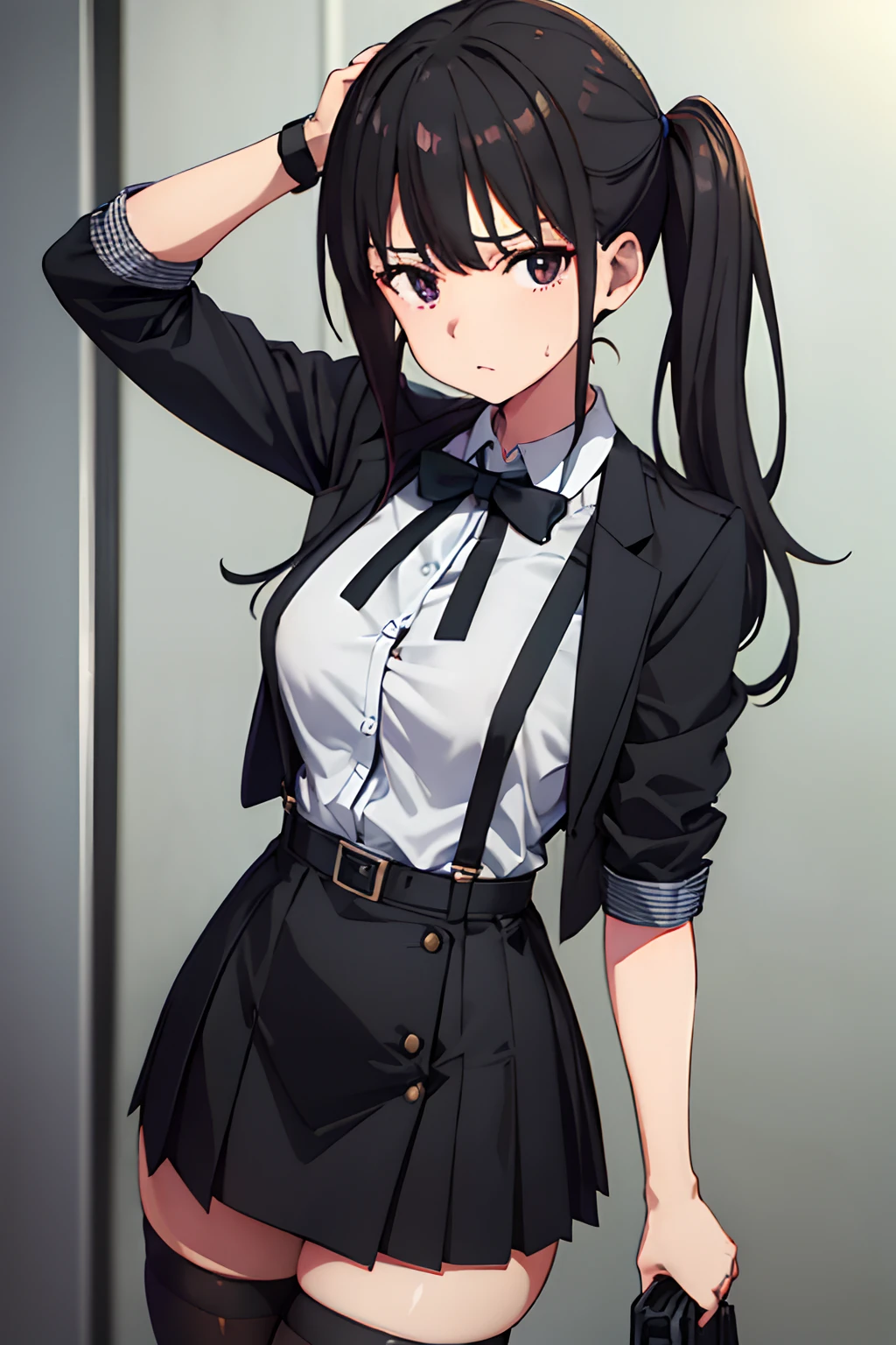 Suit,Collared shirt,Belt bag,Suspenders Black Miniskirt garterbelts knee high Stockings Black Niso Colorcon armpit sweat perspiring Side of both hands,Black jacket,Gaze,ample bosom,Armpit sweat,Exposing the armpits"Tight clothes、Cuffed、Wristband Bangs Center Parted masks