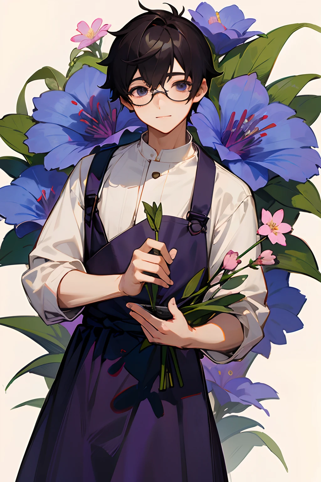 male people、eye glasses、A dark-haired、A slight smil、Holding flowers、pinafore、JINS、Flower Shop、hightquality