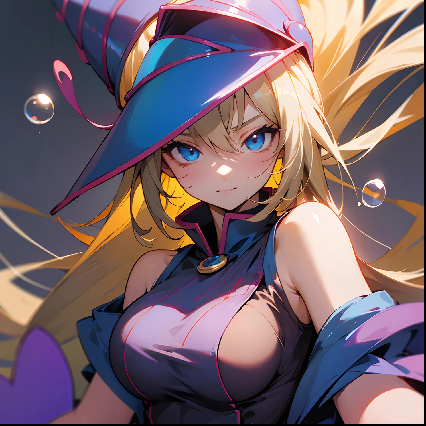 masterpiece, best quality, very aesthetic, absurdres, newest,1girl,upper body, (contempt, disgust,shaded face,looking at viewer,frown),heart-shaped gesture,,dark_magician_girl, yu-gi-oh!, 1girl, bare_shoulders, blonde_hair, blue_dress, blue_footwear, blue_hat, boots, breasts, capelet, cleavage, dress, green_eyes,  hat, large_breasts, long_hair, off_shoulder, pink_capelet, pink_skirt,skirt,witch_hat,in park