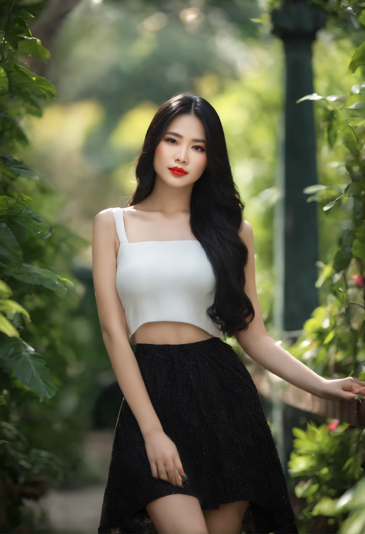 (best quality,highres,realistic:1.37),asian girl,detailed eyes and lips,long black hair,flawless skin,fashionable outfit,confident expression,posing in a garden,soft natural lighting,vibrant colors,portrait style,hint of bokeh,serene and peaceful ambiance