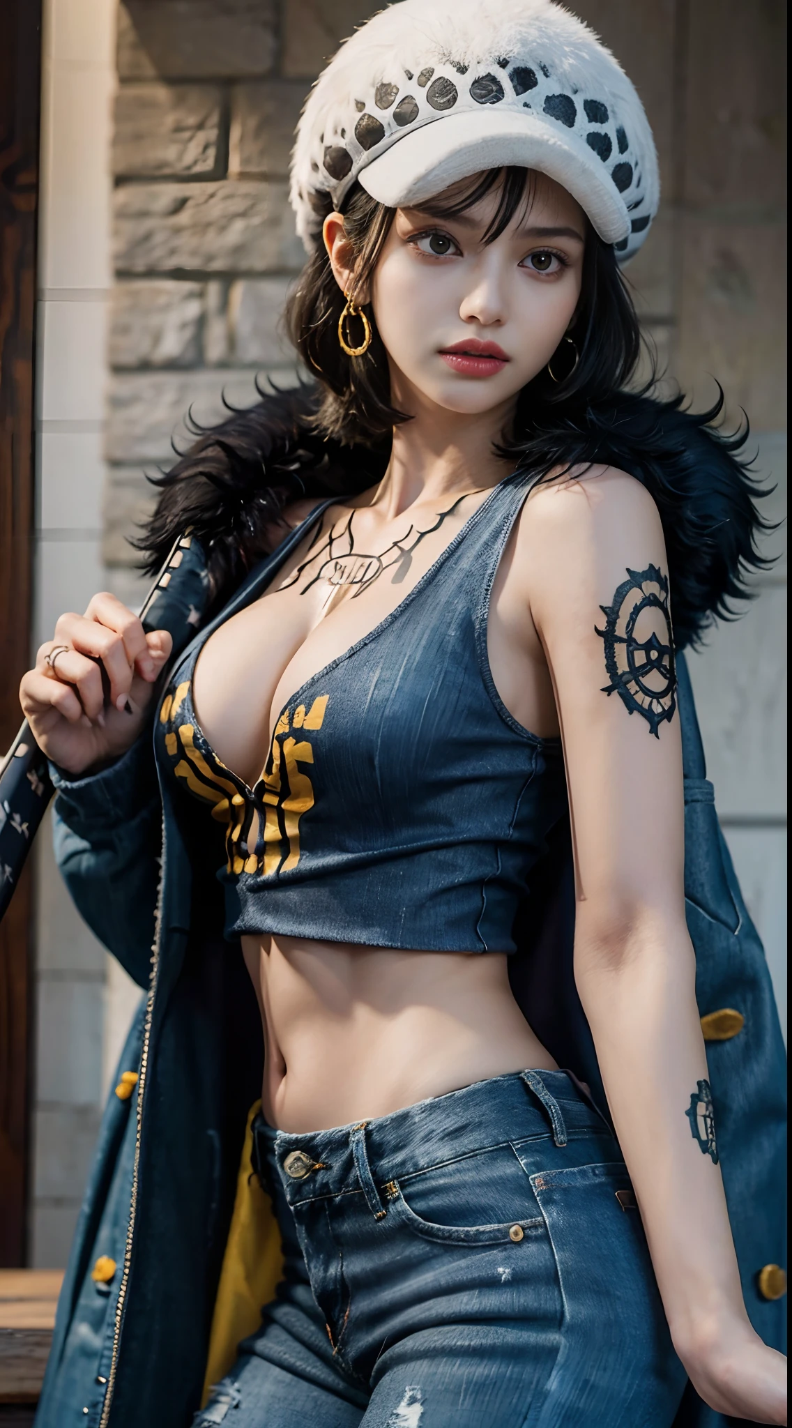 masterpiece, best quality, 8k,highestres, absurdres, extremely detailed, female trafalgar law, 1girl, 1sword, solo, looking at viewer, short hair, big breasts, hat, navel, cleavage, collarbone, earrings, midriff, pants, coat, fur trim, denim, jeans, shoulder tattoo, hand tattoo, finger tattoo, black fur-trimmed coat, coat on shoulders, yellow tank top,///,