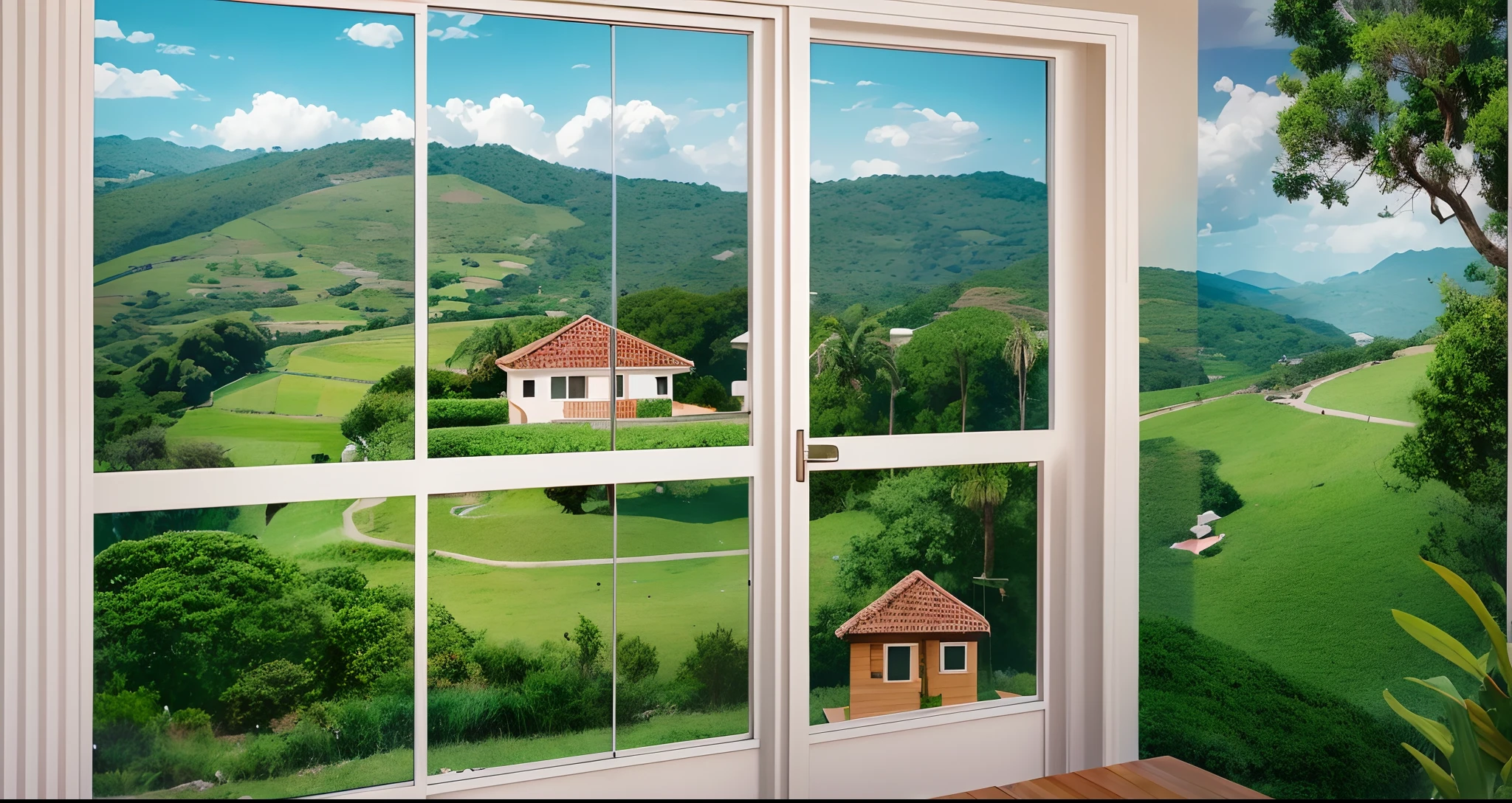 uma casa  tendo como pintura no interior da casa papel de parede  paisagens --auto --s2