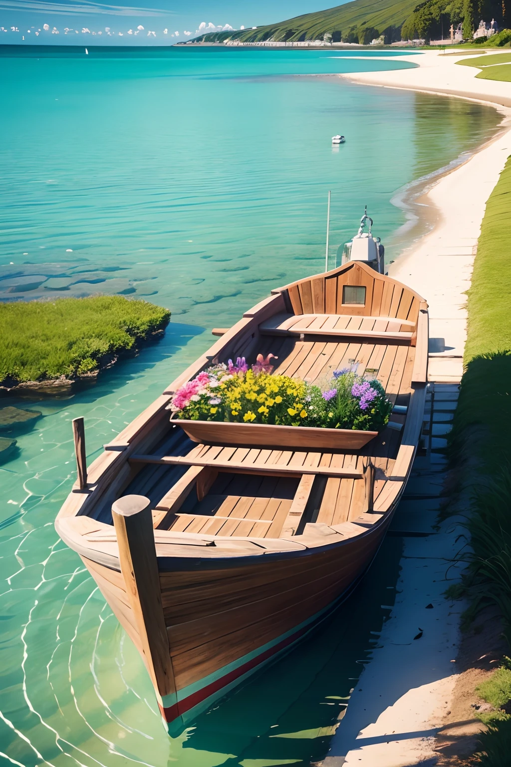 lagoon, beautiful, crystal clear water, boat sailing, fish, green grass, flowers, vibrant colors, high resolution