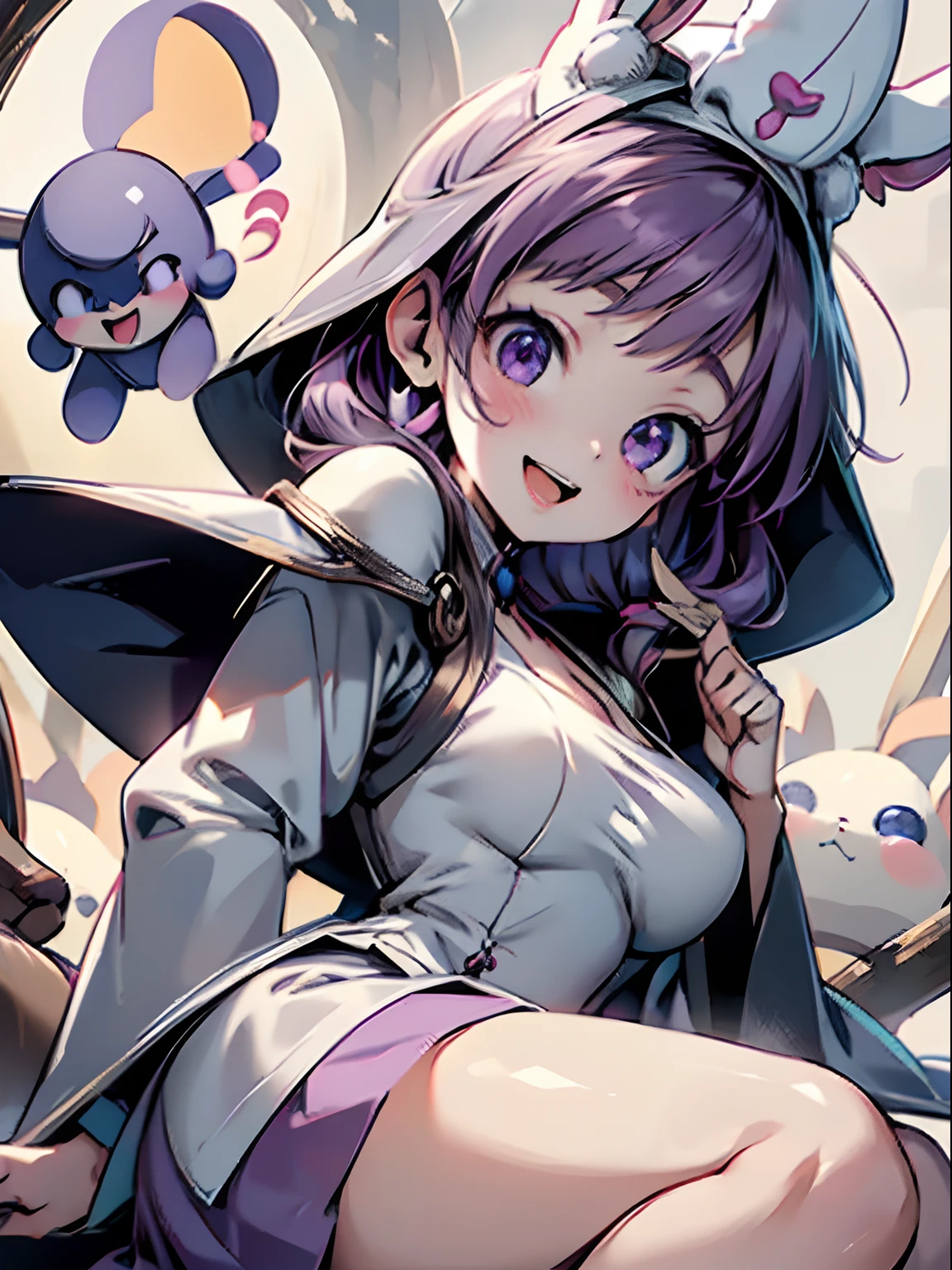 best qualtiy、1girl in、Baby face、Smile with open mouth、Cute Wizard、Round cute eyes、big eye、Sauce order、Beautiful purple eyes、Rabbit ears、Wizard's Clothing、The wizard's big wand、Colossal tits、cleavage of the breast、Wizard Hat、tongue、Concentrate on the tongue、((Mouth wide open、Show the inside of the mouth))、Showing throat、long tongue、Very long tongue、teak、simple background、