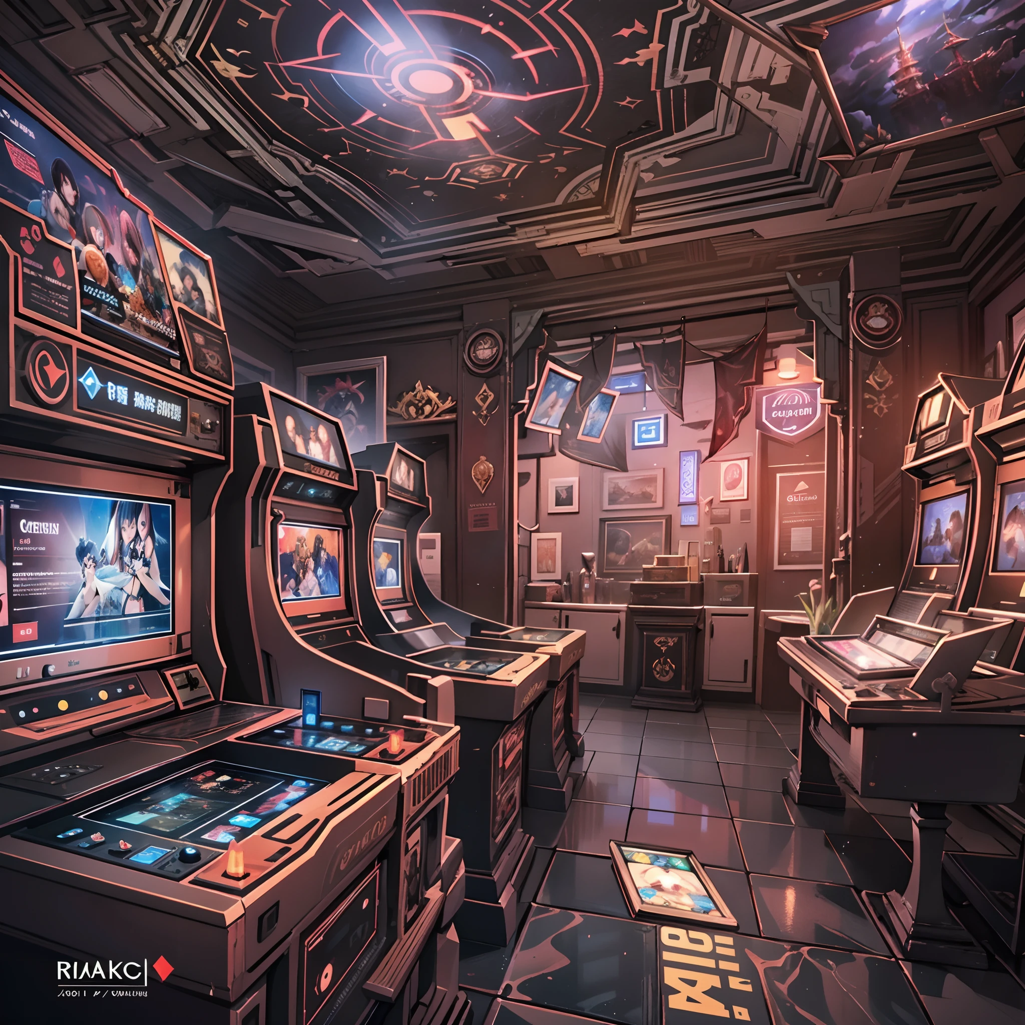 in a panoramic view，photorealestic，Luxury game hall in retro style，4 vintage luxury arcade machines，Made in gold，Diamond gemstone decoration，Ancient games，Beauty plays games，Wearing a veil of gorgeous Arabian luxury style，Perfectcomposition，the detail，The light and shadow work best，HighestQuali，This CG-rendered realistic painting gives a grand scene and visual impact，Let the viewer feel a wonderful and magnificent sci-fi world。Epic，detail-rich，It forms a spectacular sight，Use Pixai to bring powerful AI models to life, Show the limitless creativity and possibilities of our imagination. Experience the future of the cityscape at Pixai，Immerse yourself in a visionary world of art，the detail, Masterpiece, Best quality, 8K, (Oily skin, cell-shaded:1.3), line art in colour, (The art of Maciej Cuciara:1.15), art of greg rutkowski，Intricate details, finetextures, Surreal，Perfectcomposition，A detailed，Cinematic texture，realisticlying，photorealestic，HighestQuali，，Version tone mapping， highly  detailed， Smoothness， Sharp focus， Beautiful illustration， Epic effect，photore， The light from the back window is backlighted， 动态照明， Mist， 复杂， filmgrain， professinal，，Volumetriclighting， subsurfacescattering， Good highlights， Good shadows， cinematic ligh，Beautiful studio soft light，rim-light，ellegance，beatiful background，rendering by octane，HR Giger style，8K，top Quority，tmasterpiece，illustratio，smooth and beautiful，highly  detailed，CG wallpaper，（realisticlying，Fidelity：1.37），outstanding，Exquisite details，tmasterpiece