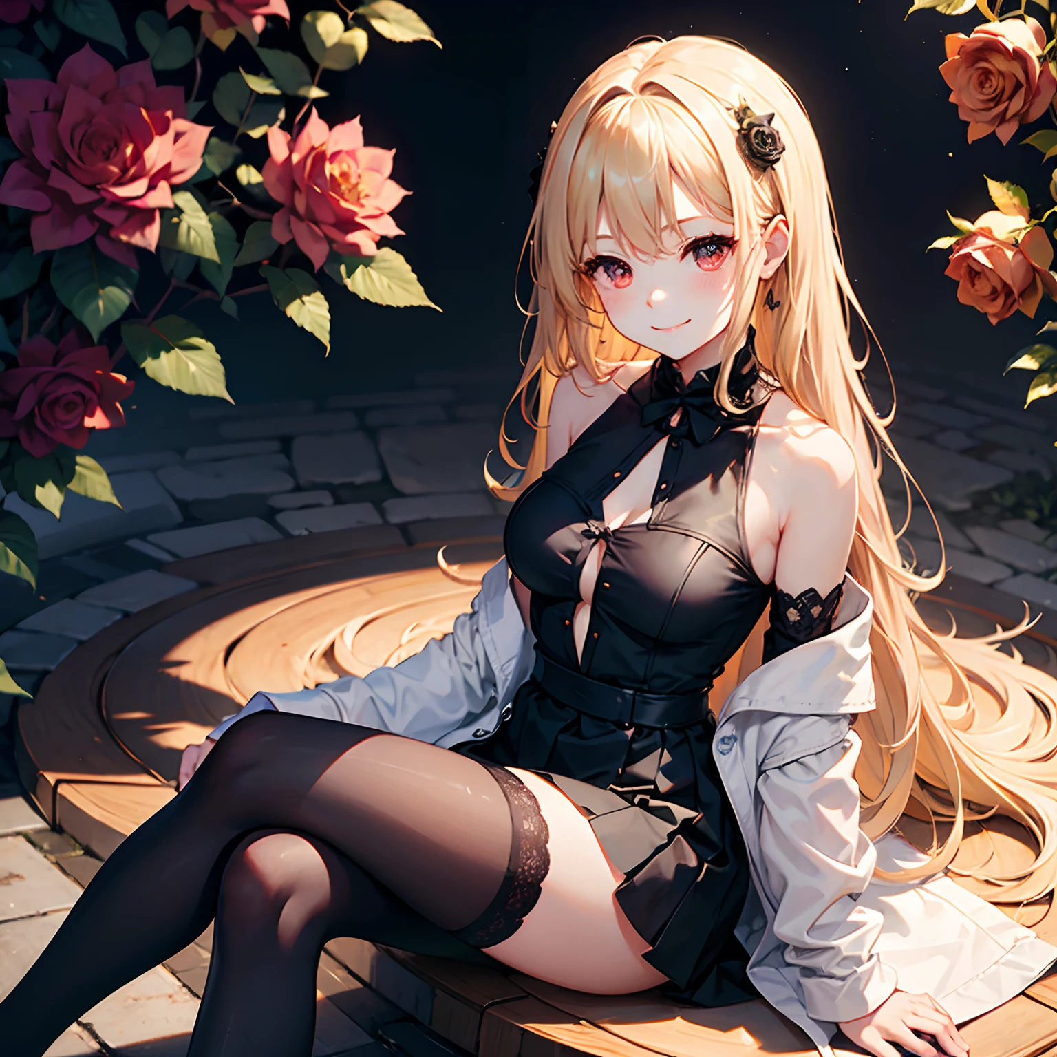 1 Wavy blonde girl、red eyes、off shoulders、a miniskirt、Surrounded by roses、Sitting with a smile、Black tights