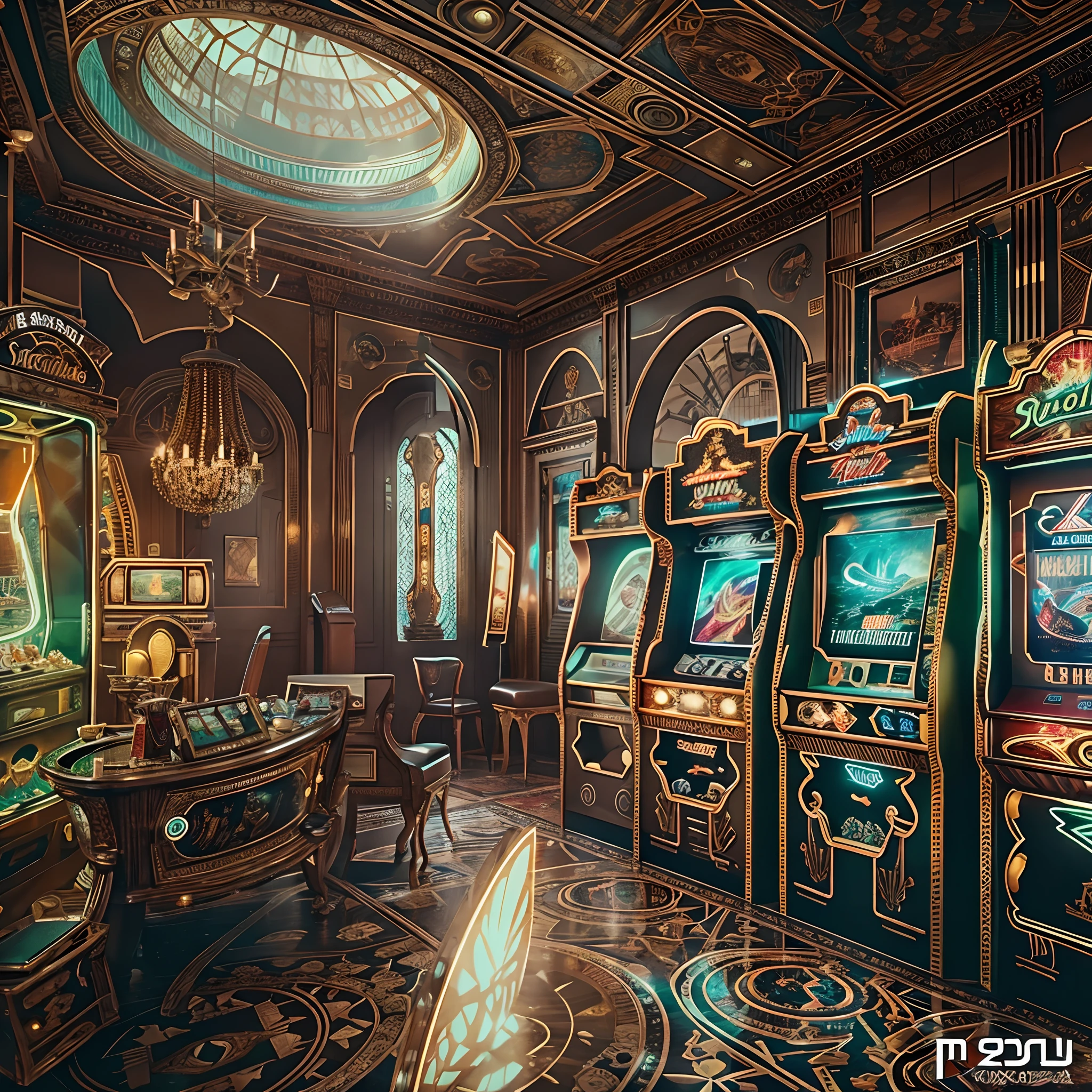 in a panoramic view，photorealestic，Luxury game hall in retro style，4 vintage luxury arcade machines，Made in gold，Diamond gemstone decoration，Ancient games，Beauty plays games，Wearing a veil of gorgeous Arabian luxury style，Perfectcomposition，the detail，The light and shadow work best，HighestQuali，This CG-rendered realistic painting gives a grand scene and visual impact，Let the viewer feel a wonderful and magnificent sci-fi world。Epic，detail-rich，It forms a spectacular sight，Use Pixai to bring powerful AI models to life, Show the limitless creativity and possibilities of our imagination. Experience the future of the cityscape at Pixai，Immerse yourself in a visionary world of art，the detail, Masterpiece, Best quality, 8K, (Oily skin, cell-shaded:1.3), line art in colour, (The art of Maciej Cuciara:1.15), art of greg rutkowski，Intricate details, finetextures, Surreal，Perfectcomposition，A detailed，Cinematic texture，realisticlying，photorealestic，HighestQuali，，Version tone mapping， highly  detailed， Smoothness， Sharp focus， Beautiful illustration， Epic effect，photore， The light from the back window is backlighted， 动态照明， Mist， 复杂， filmgrain， professinal，，Volumetriclighting， subsurfacescattering， Good highlights， Good shadows， cinematic ligh，Beautiful studio soft light，rim-light，ellegance，beatiful background，rendering by octane，HR Giger style，8K，top Quority，tmasterpiece，illustratio，smooth and beautiful，highly  detailed，CG wallpaper，（realisticlying，Fidelity：1.37），outstanding，Exquisite details，tmasterpiece