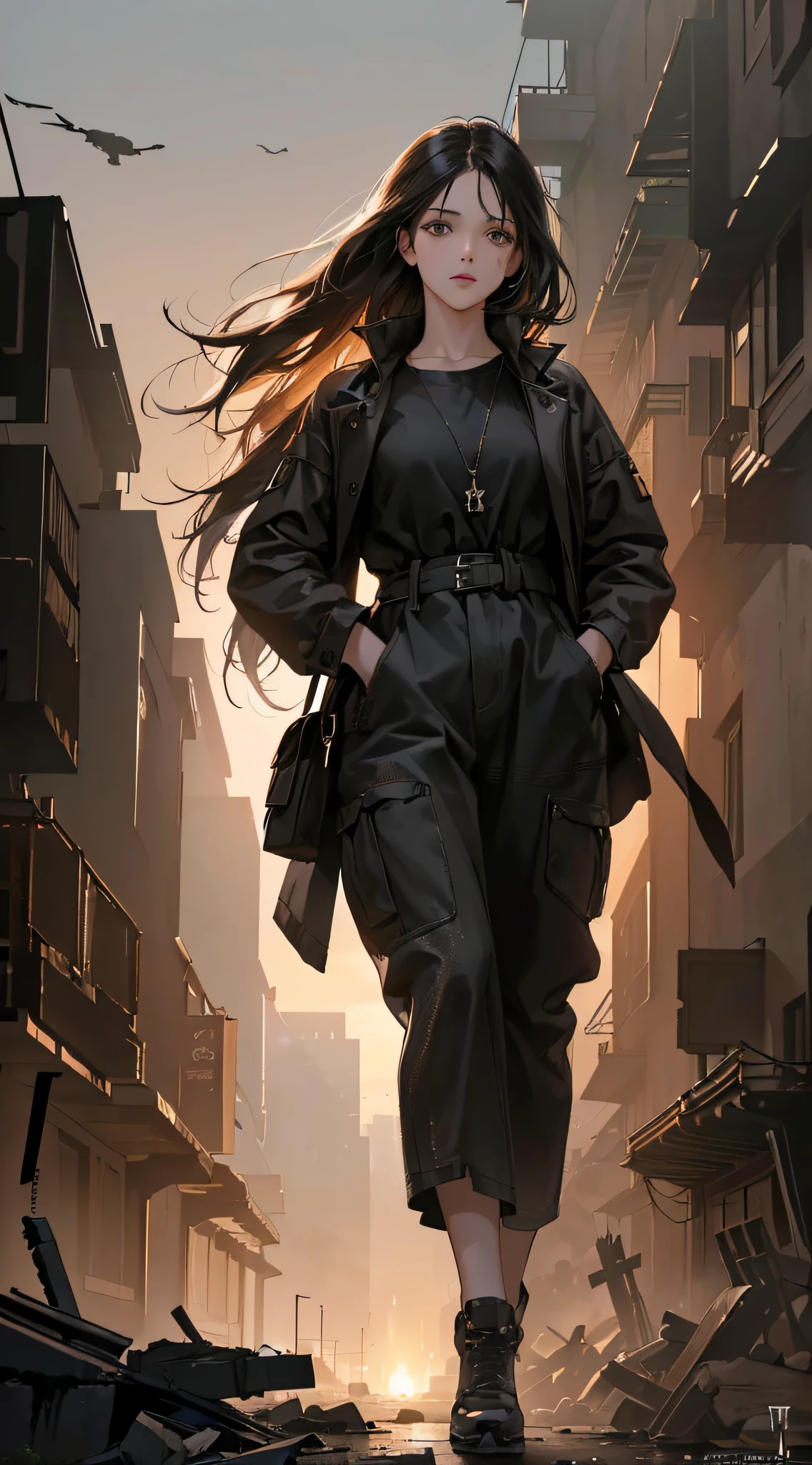 (Masterpiece Best Quality Ultra Detailed 8K Photorealistic Dark Dystopian Scenery Realistic Lighting Manhwa Art HDR Image) (uma mulher de vinte e oito anos) (cara muito bonita, linhas perfeitas, olhos castanhos, cabelos longos, movimento) (Wearing black clothes walking in the nocturnal dystopia of destroyed street)