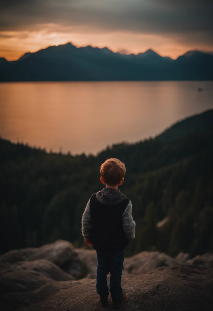 a boy looking at mountains during sunset